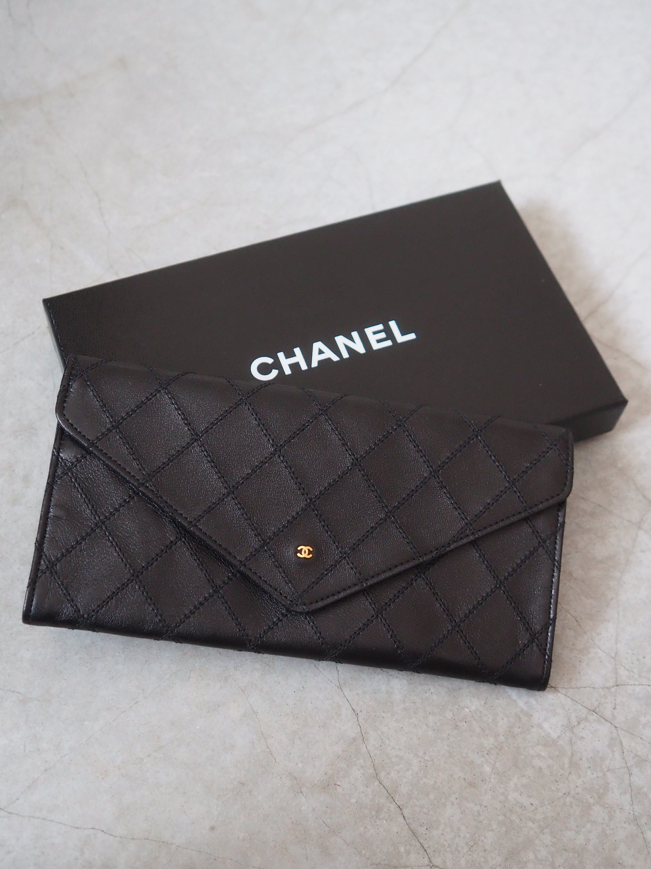 CHANEL COCO Long Wallet Purse CC Wild Stitch Leather Black Authentic Vintage Box