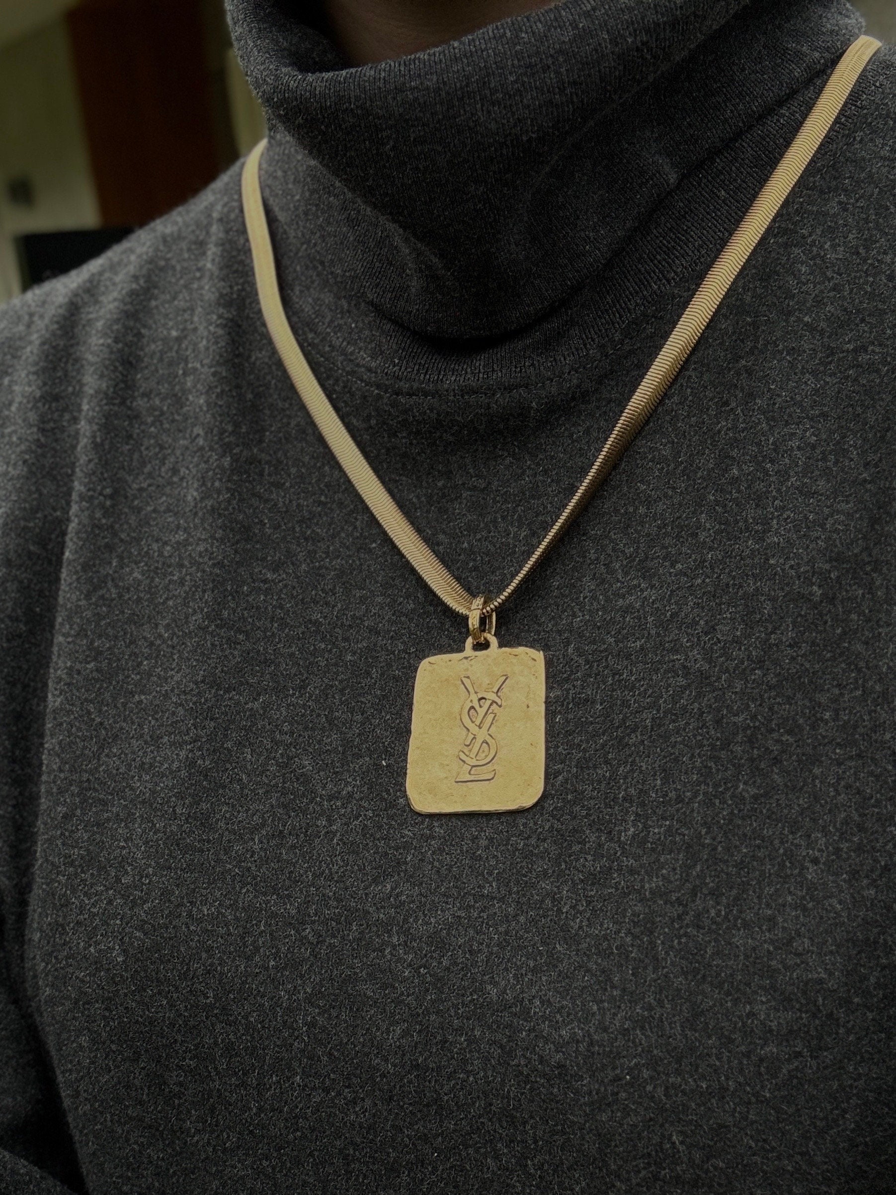 YSL Yves Saint Laurent Necklace Earrings Set Logo Heart Gold Tone Logo Vintage Authentic