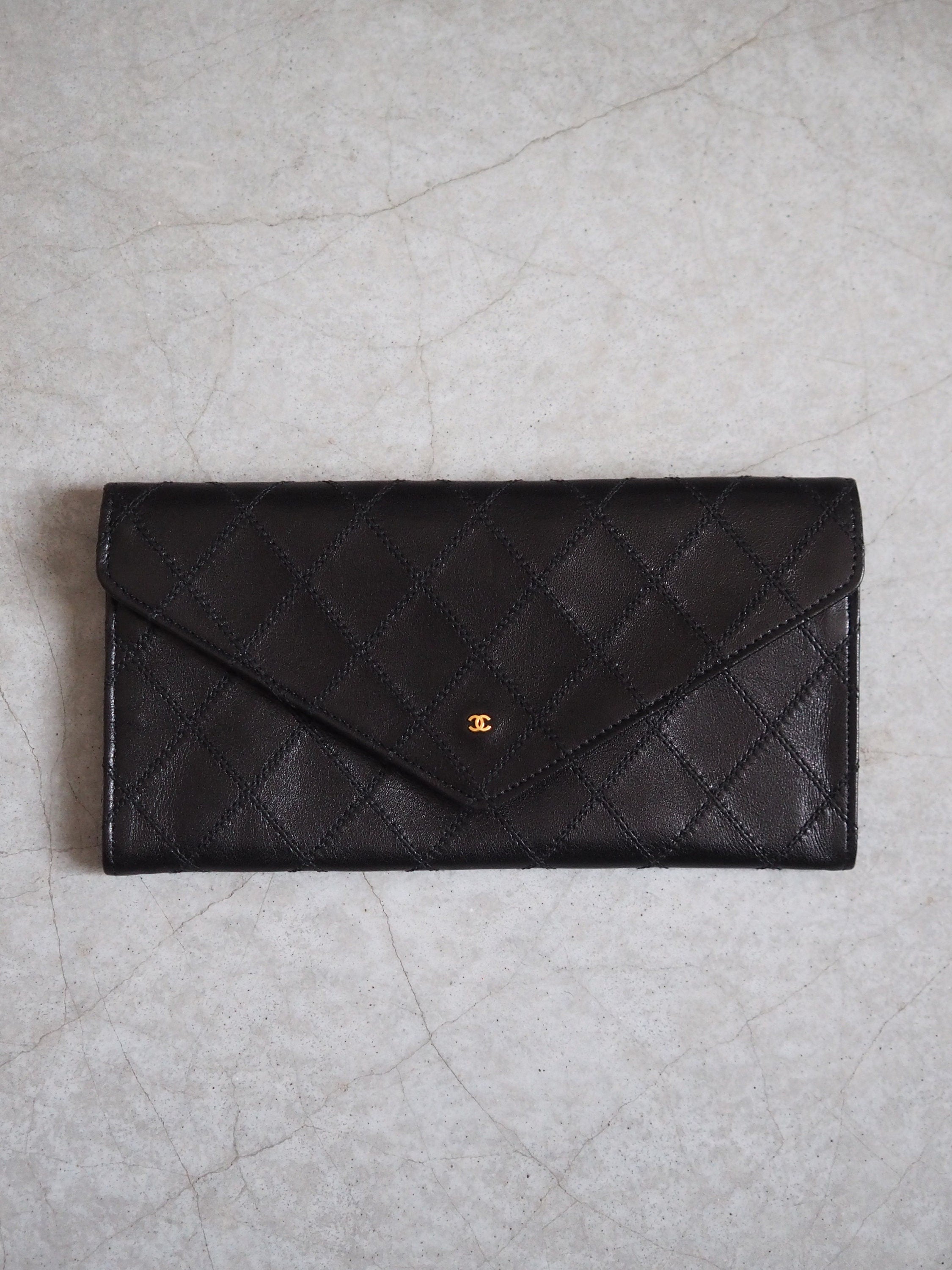 CHANEL COCO Long Wallet Purse CC Wild Stitch Leather Black Authentic Vintage Box