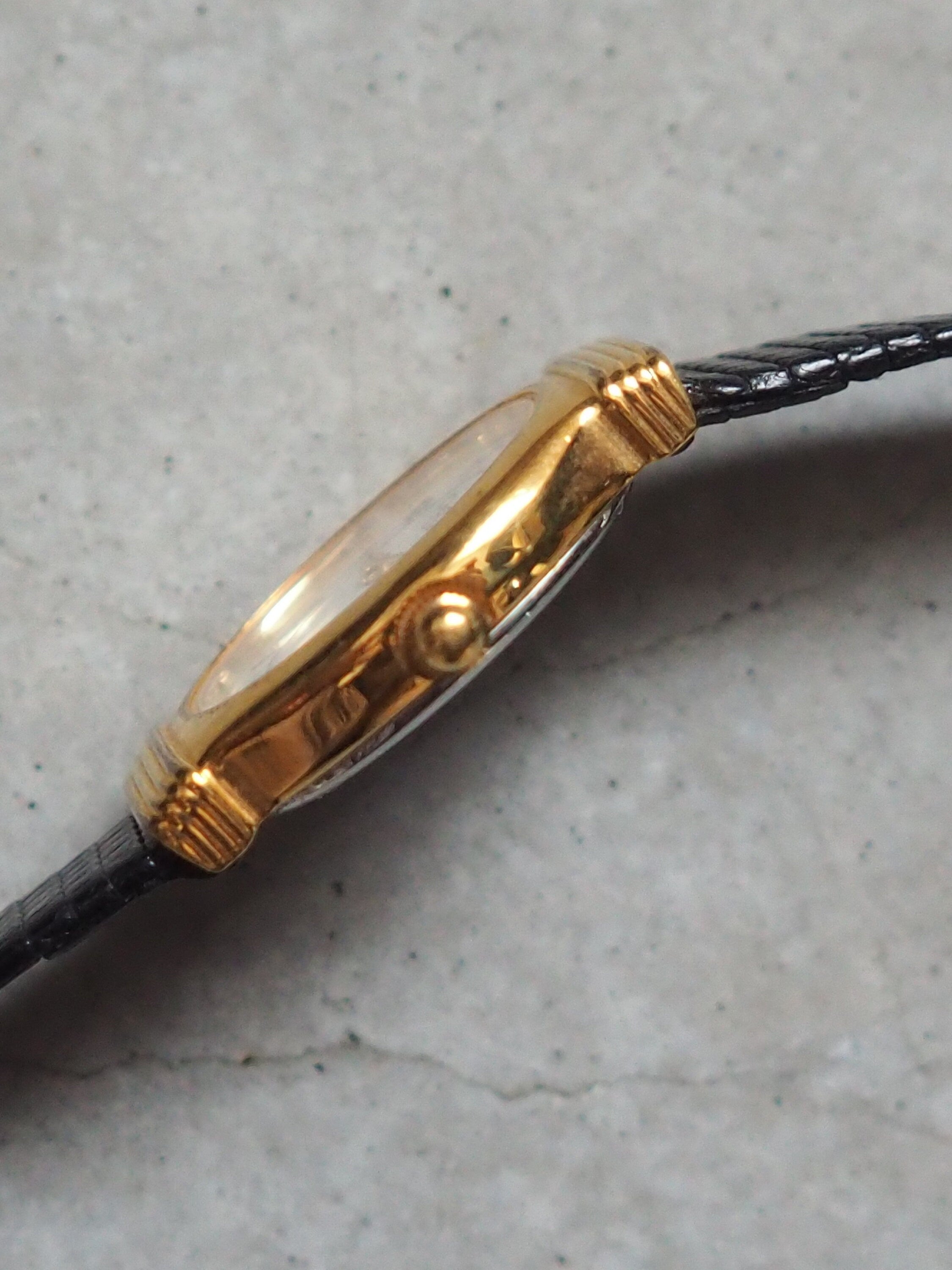 Christian Dior Watch Gold Metal Black Leather Quartz Wristwatch Ladies