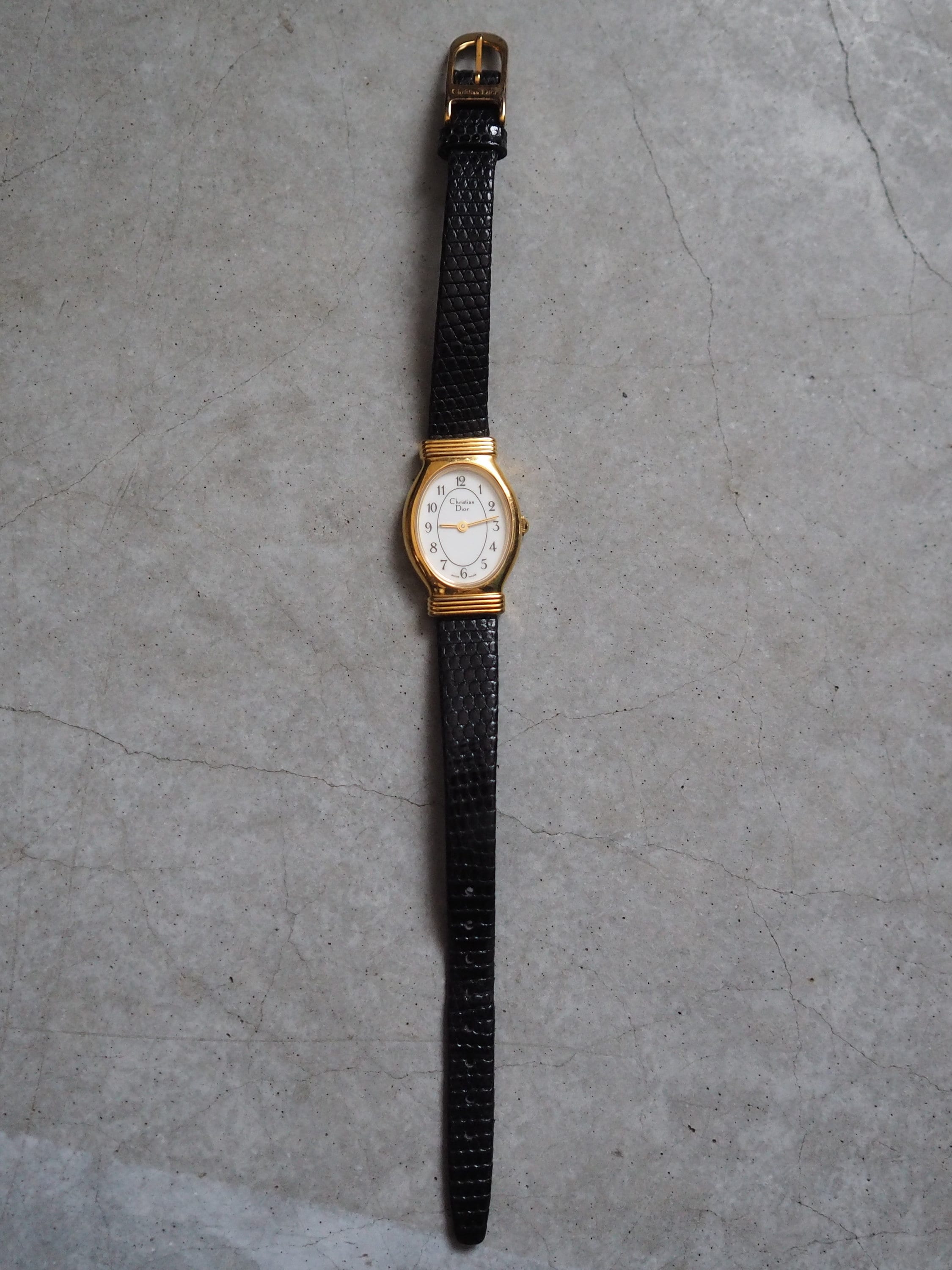 Christian Dior Watch Gold Metal Black Leather Quartz Wristwatch Ladies