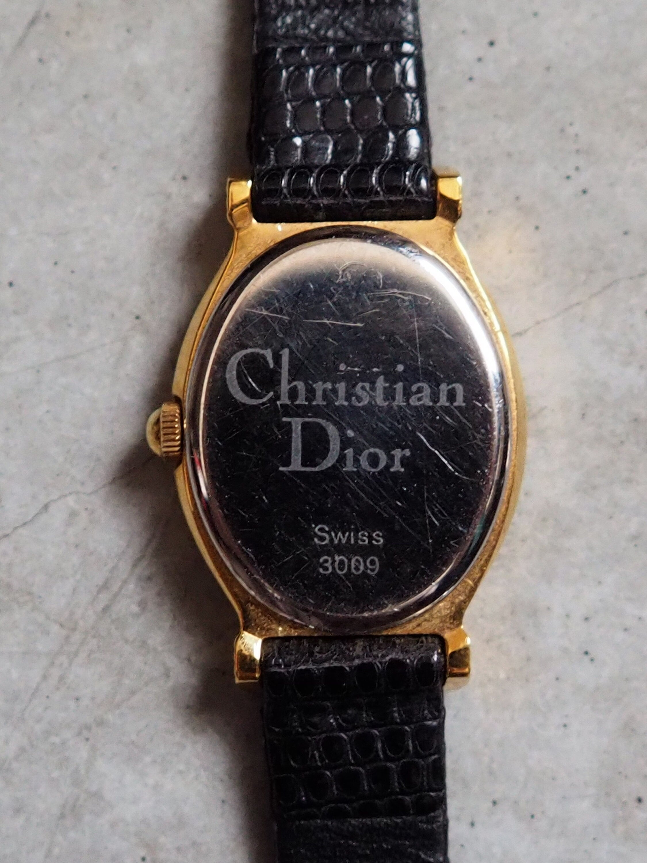Christian Dior Watch Gold Metal Black Leather Quartz Wristwatch Ladies