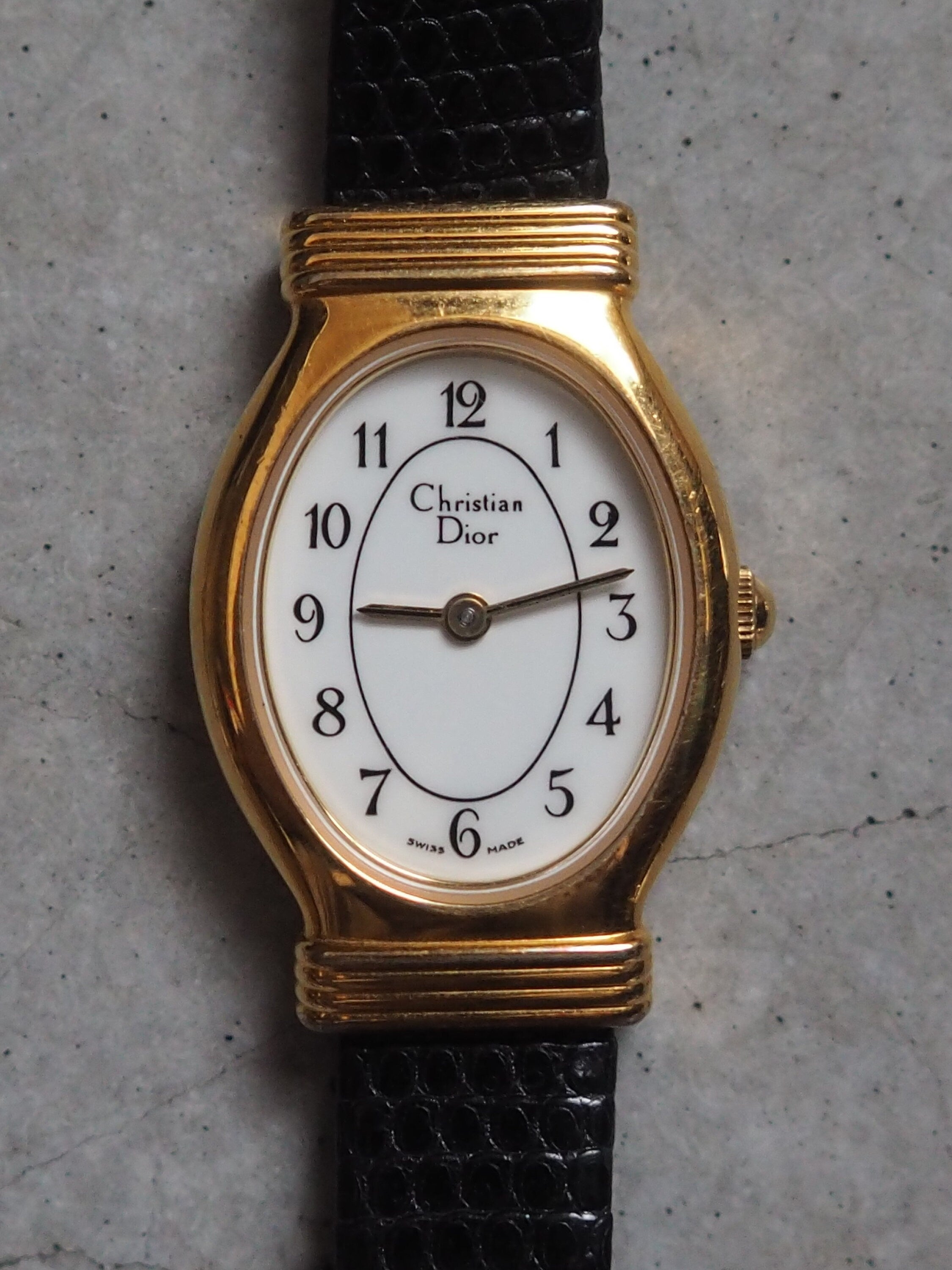 Christian Dior Watch Gold Metal Black Leather Quartz Wristwatch Ladies