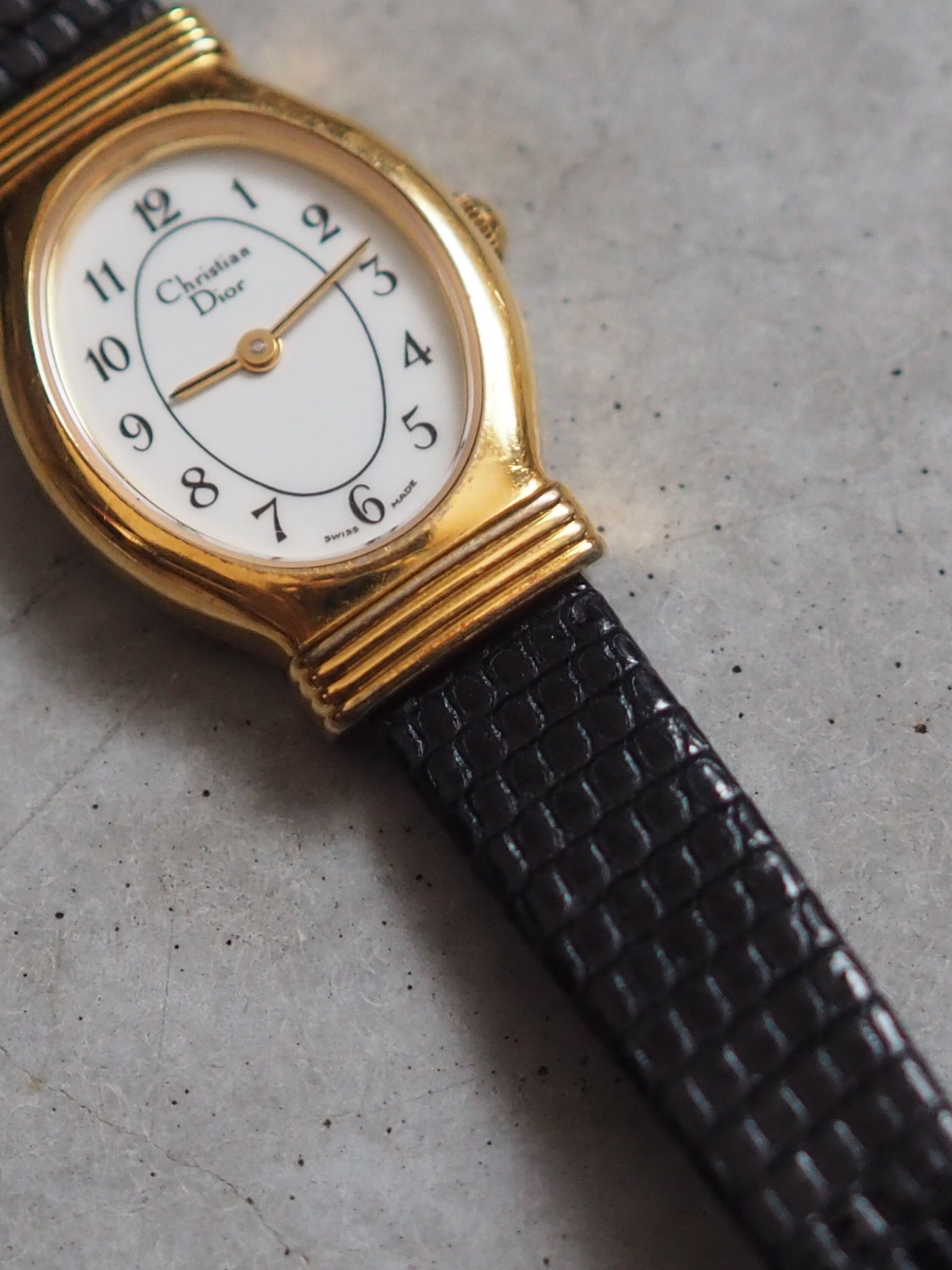 Christian Dior Watch Gold Metal Black Leather Quartz Wristwatch Ladies