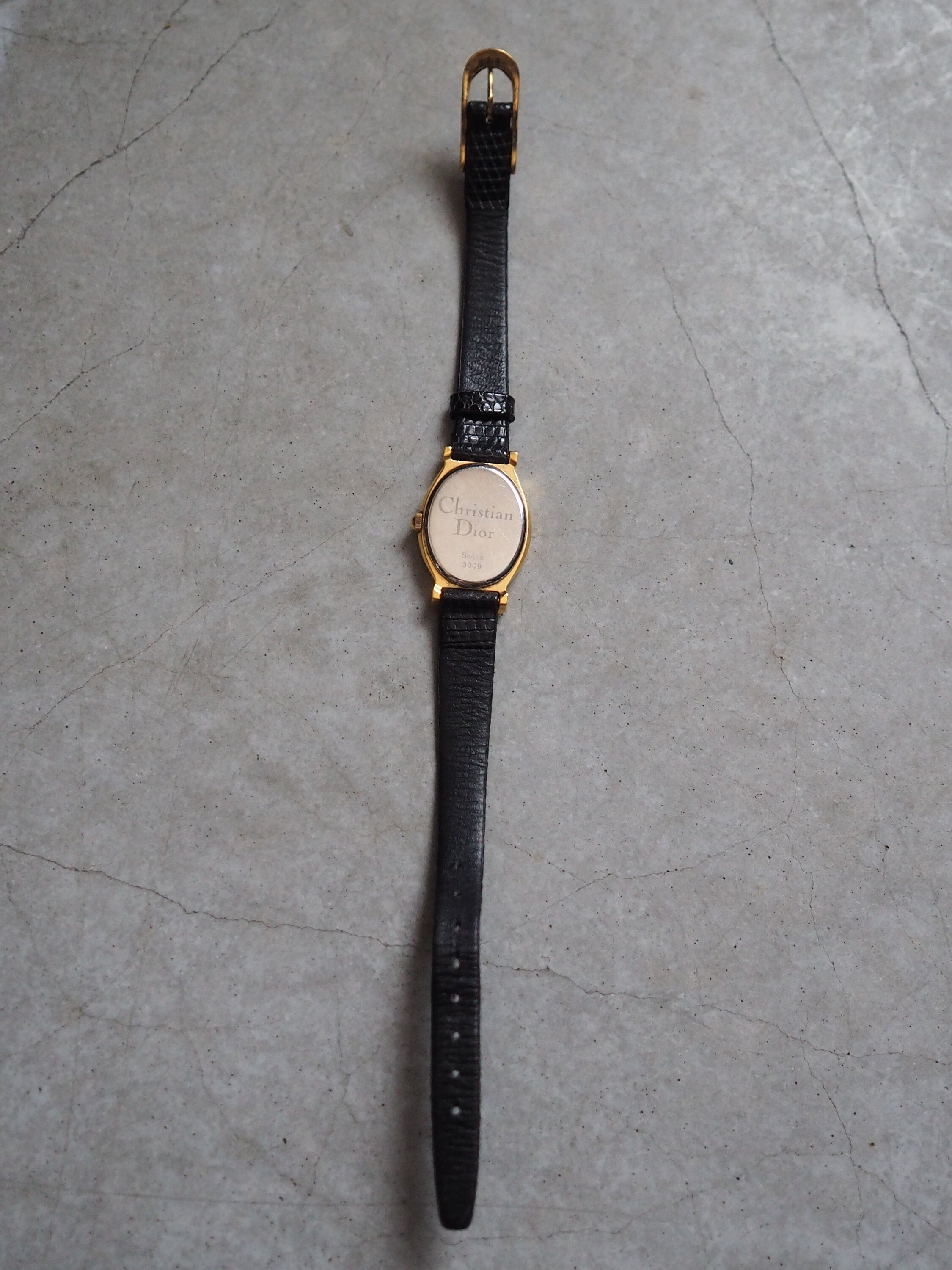 Christian Dior Watch Gold Metal Black Leather Quartz Wristwatch Ladies