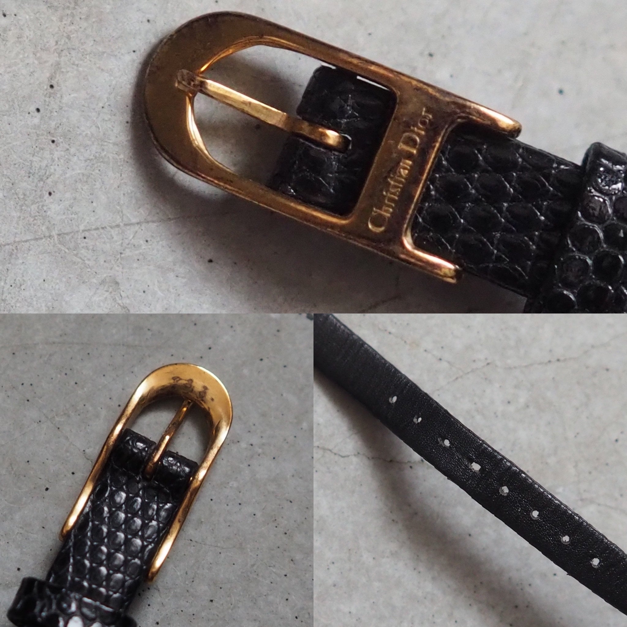 Christian Dior Watch Gold Metal Black Leather Quartz Wristwatch Ladies