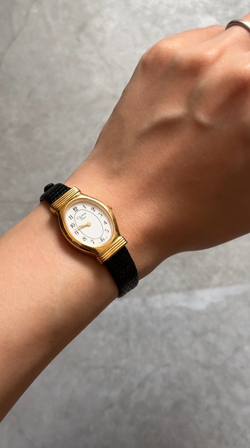 Christian Dior Watch Gold Metal Black Leather Quartz Wristwatch Ladies