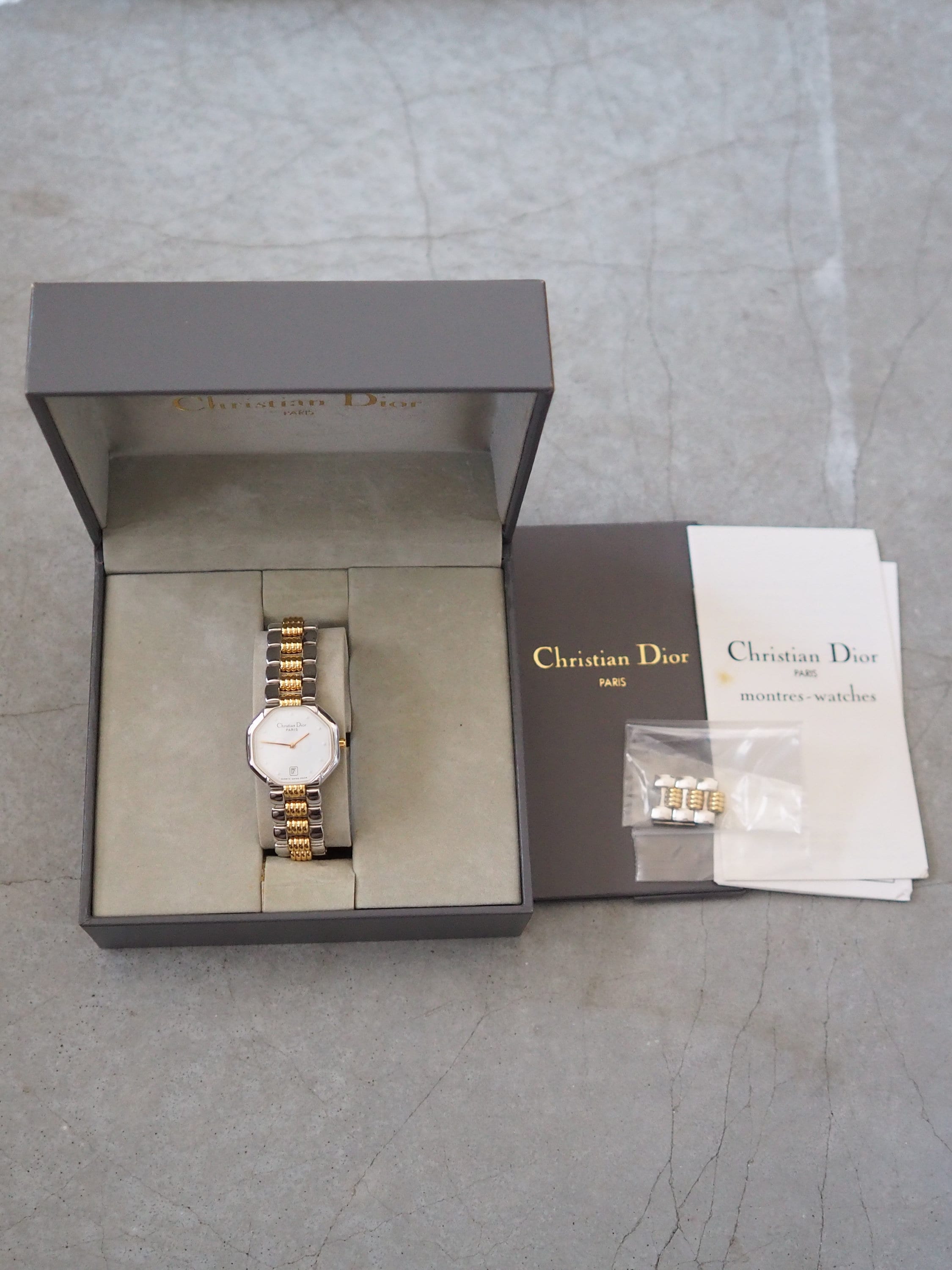 Christian Dior Octagon Watch Gold Silver Metal Quartz Wristwatch Ladies