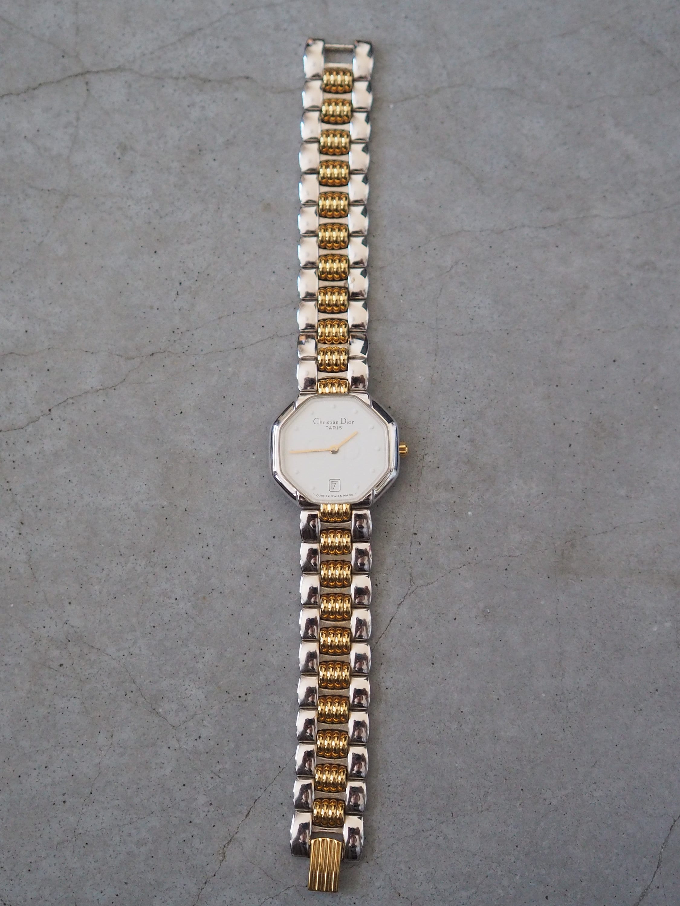 Christian Dior Octagon Watch Gold Silver Metal Quartz Wristwatch Ladies