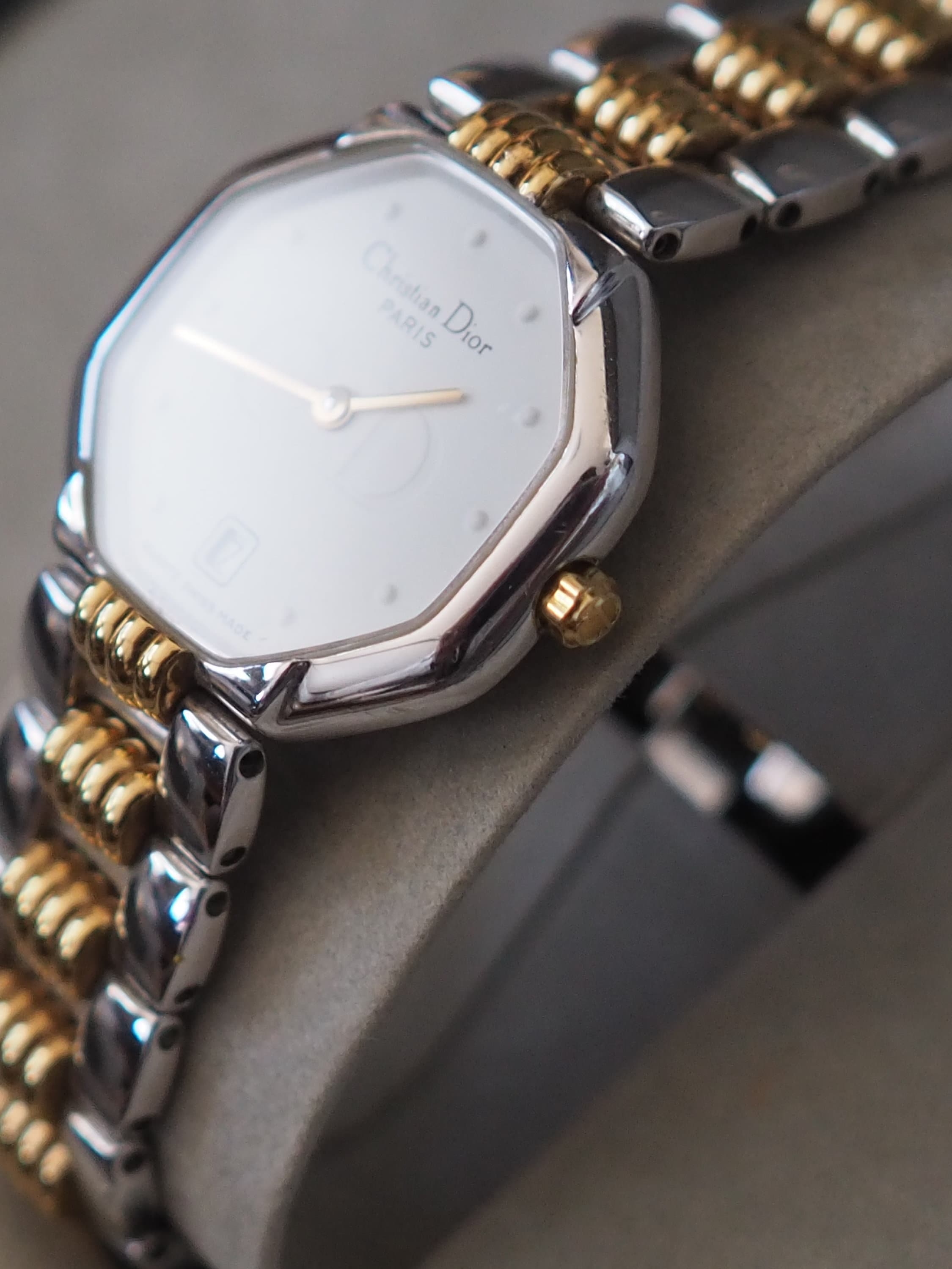 Christian Dior Octagon Watch Gold Silver Metal Quartz Wristwatch Ladies