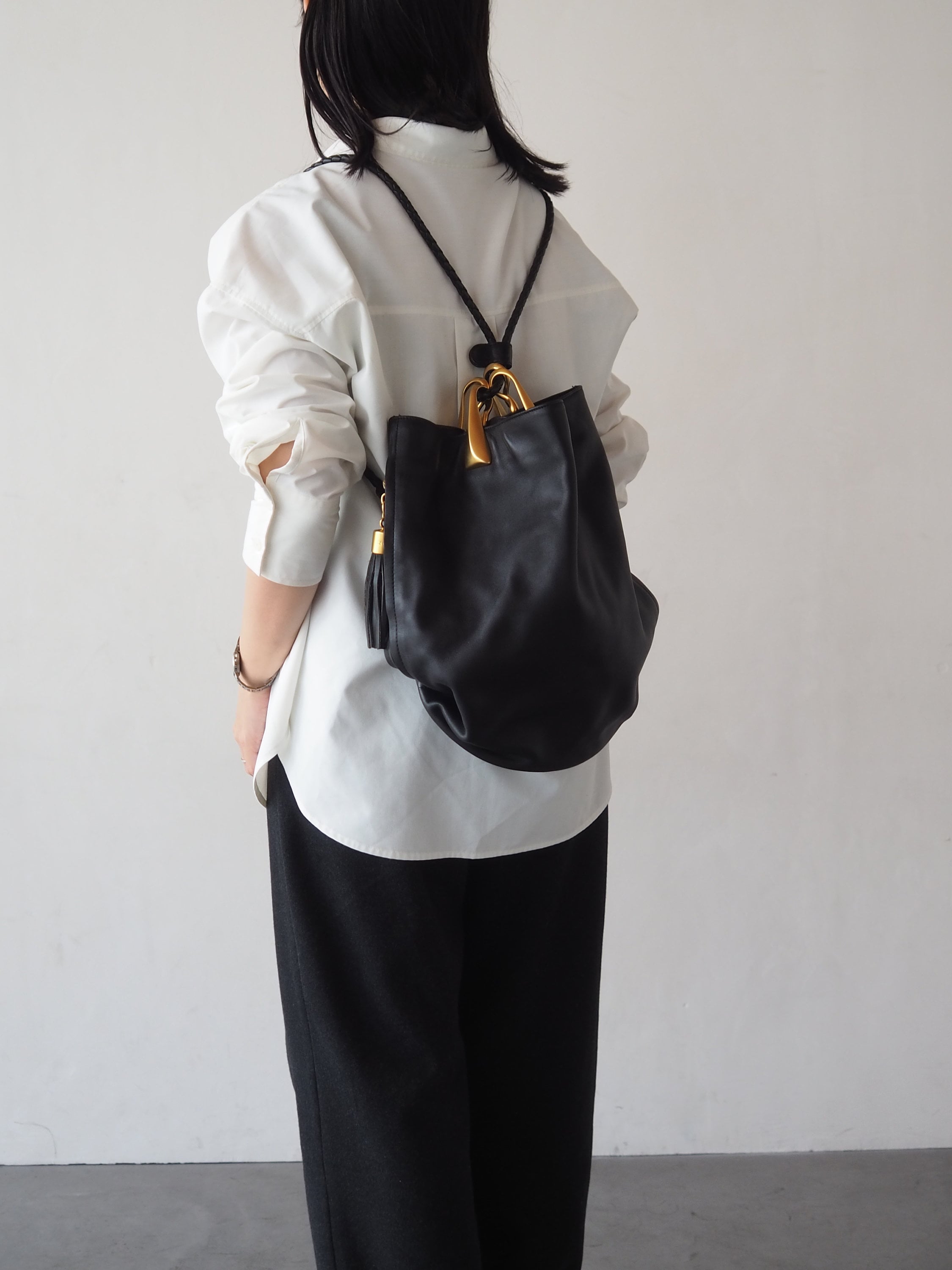 CELINE Backpack One ShoulderBag Black Leather Gold Metal Authentic Vintage Classical