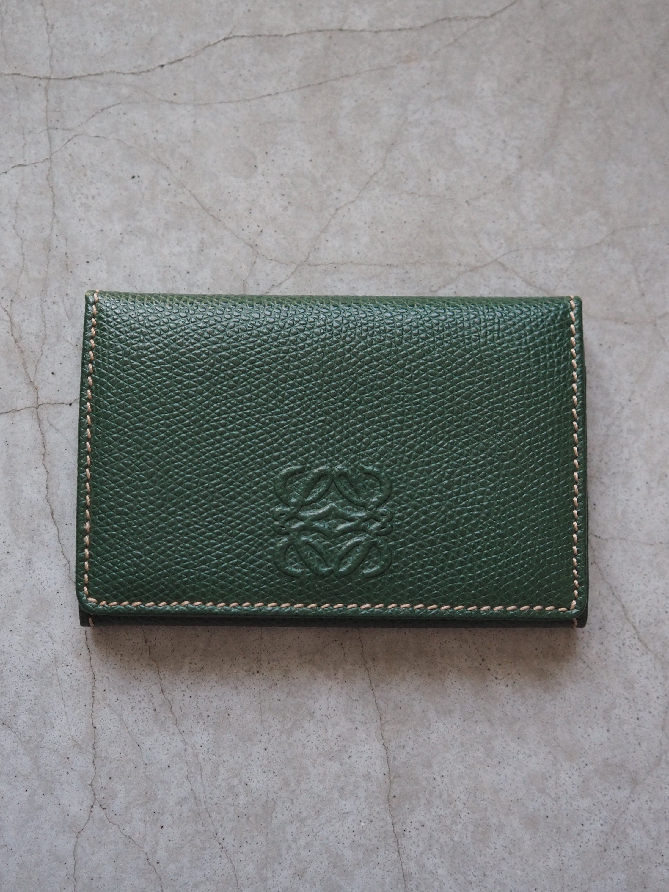 LOEWE Anagram Card Case Purse Green Leather Vintage Authentic