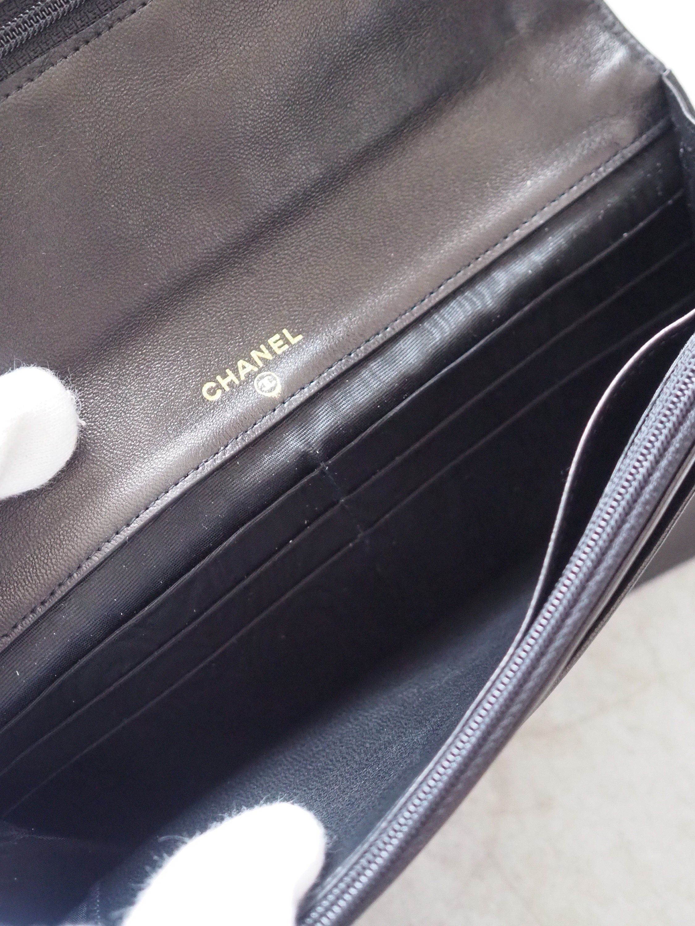 CHANEL COCO Long Wallet Purse CC Leather Black Authentic Vintage Box