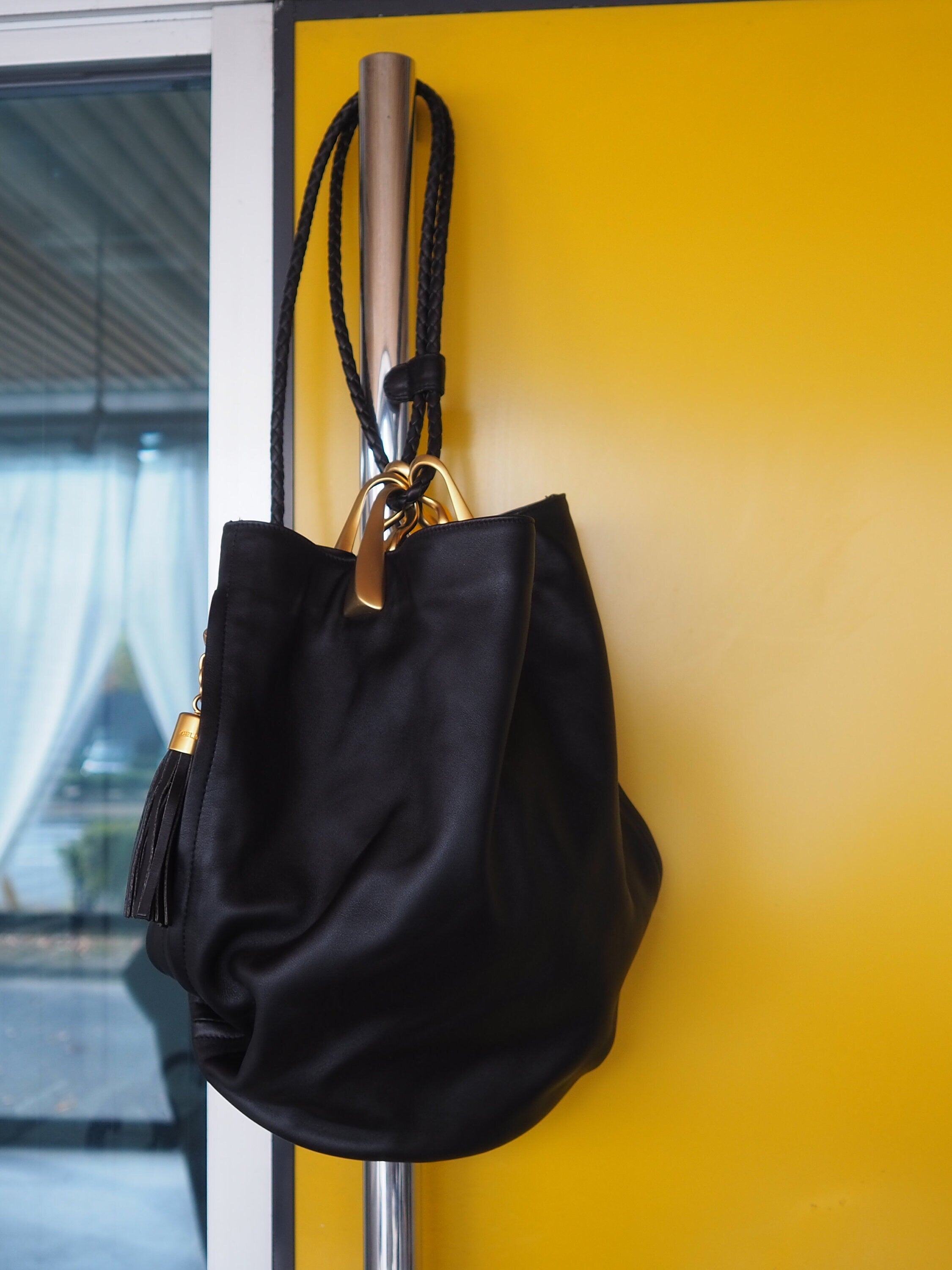 CELINE Backpack One ShoulderBag Black Leather Gold Metal Authentic Vintage Classical