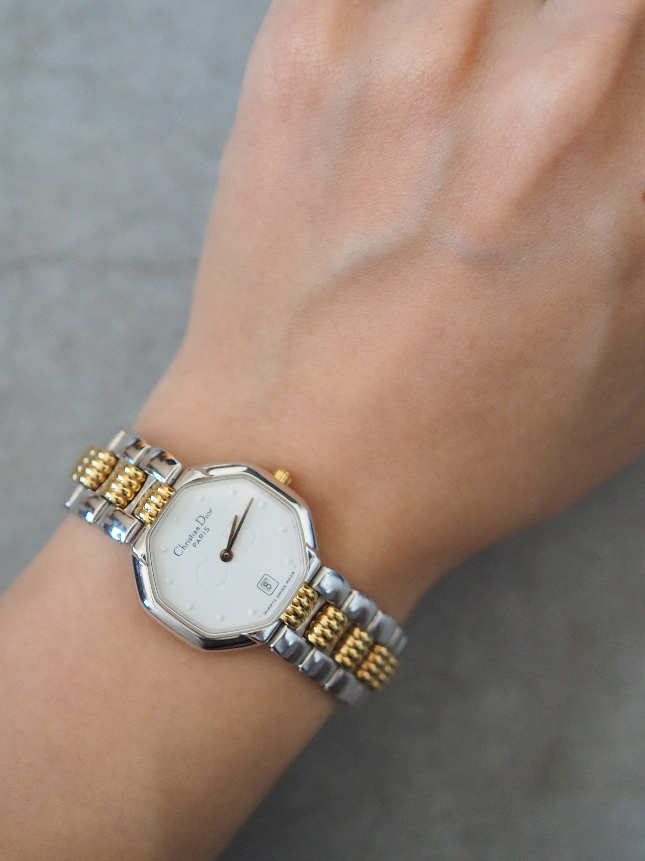 Christian Dior Octagon Watch Gold Silver Metal Quartz Wristwatch Ladies