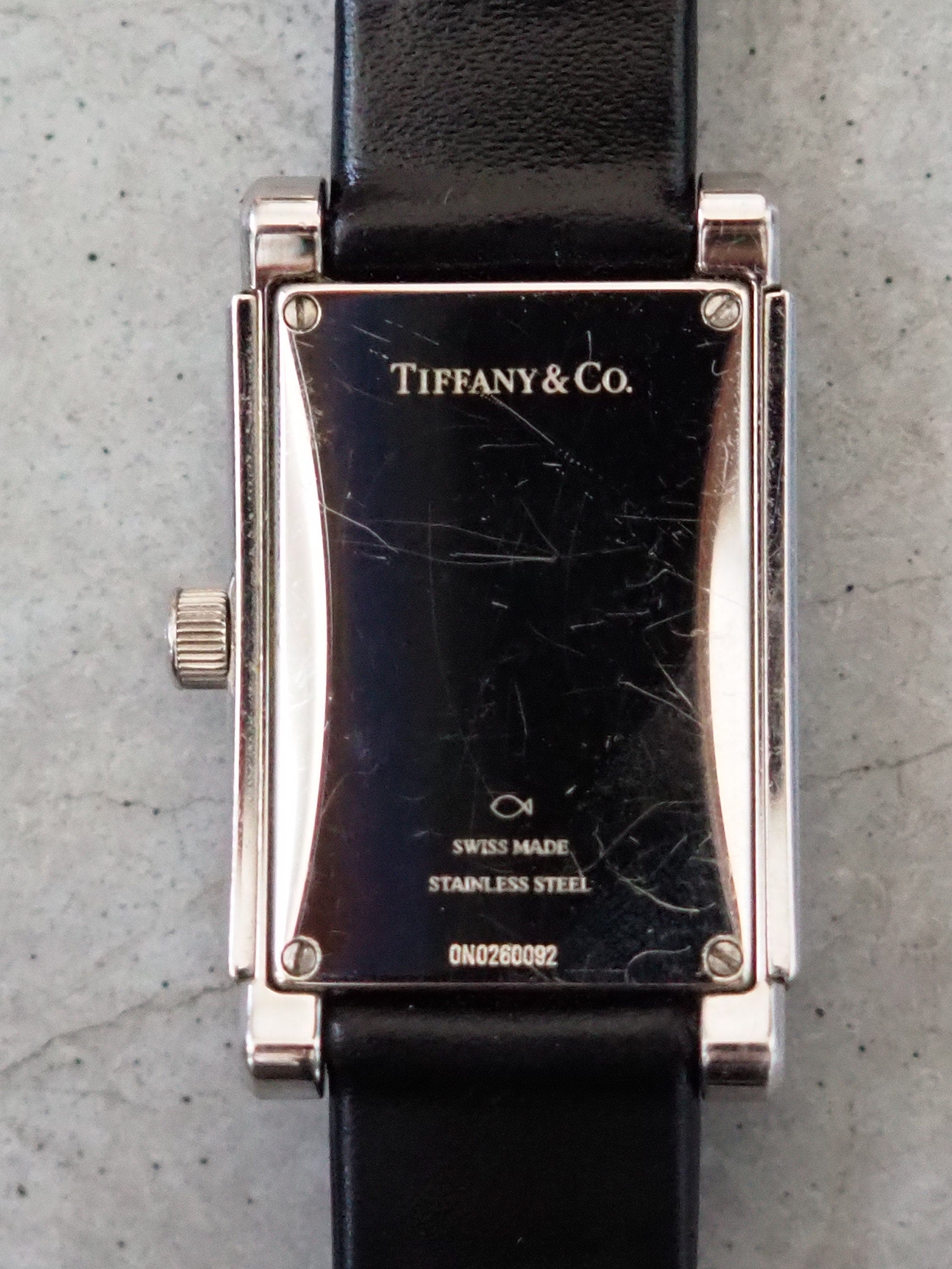 Tiffany & Co Grand Watch Silver Metal Black Leather Stainless Steel Quartz Wristwatch Ladies