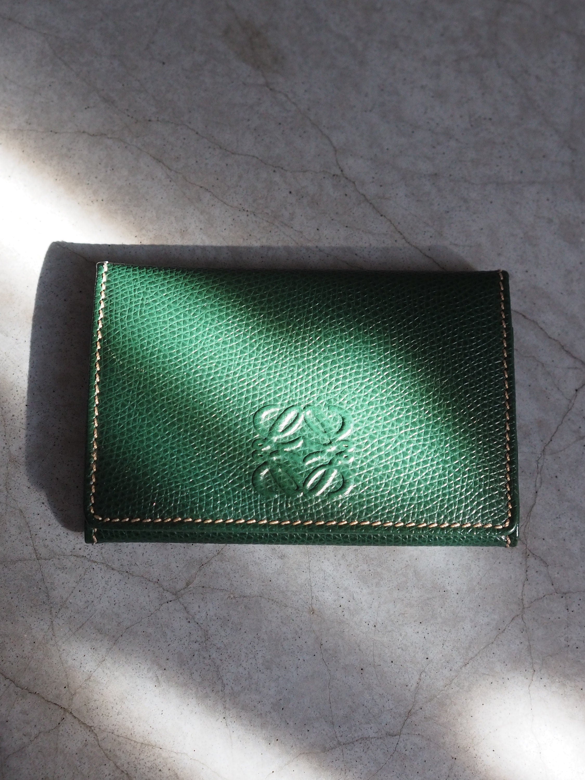 LOEWE Anagram Card Case Purse Green Leather Vintage Authentic