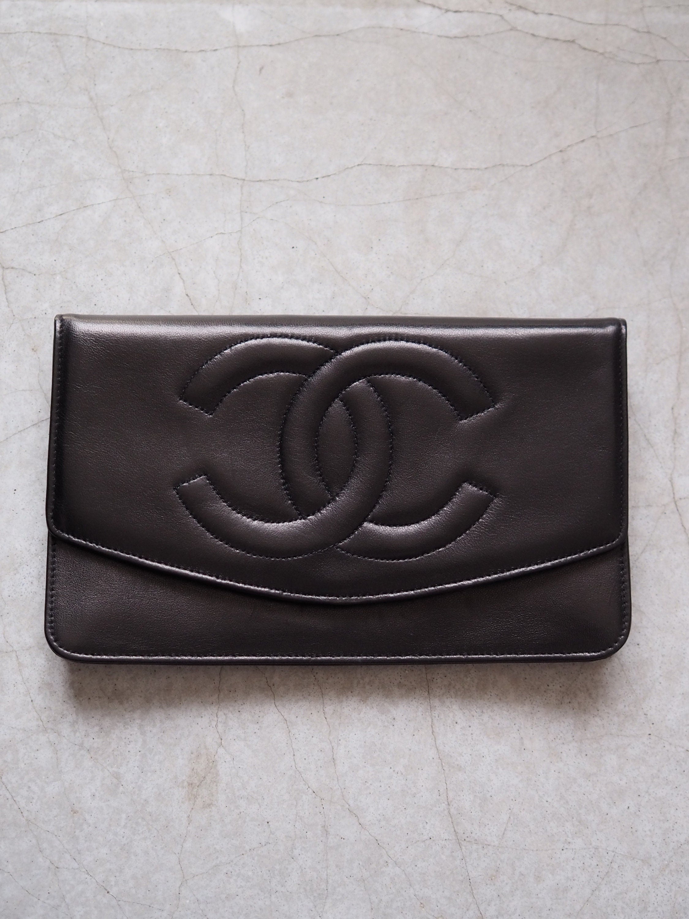 CHANEL COCO Long Wallet Purse CC Leather Black Authentic Vintage Box