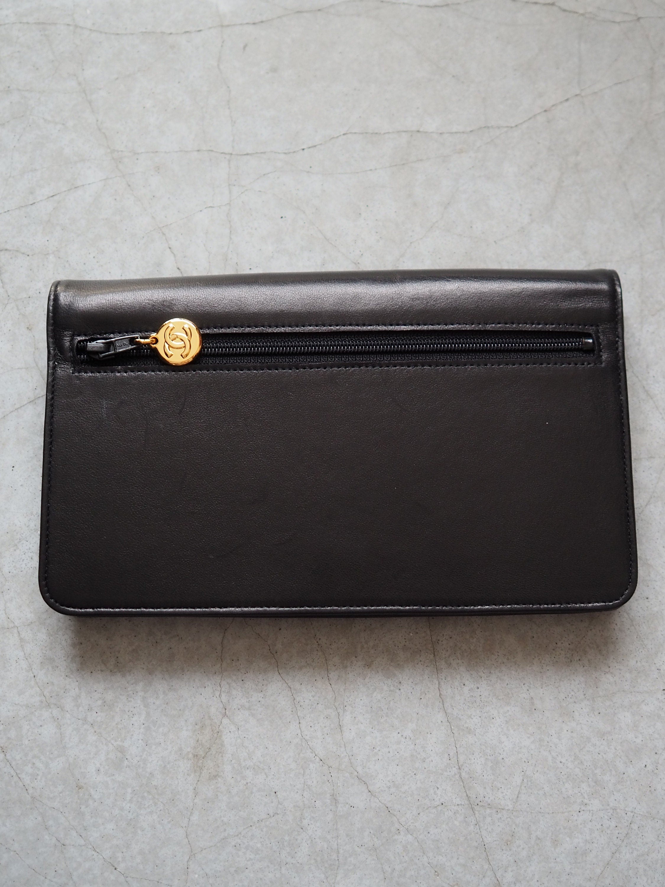 CHANEL COCO Long Wallet Purse CC Leather Black Authentic Vintage Box