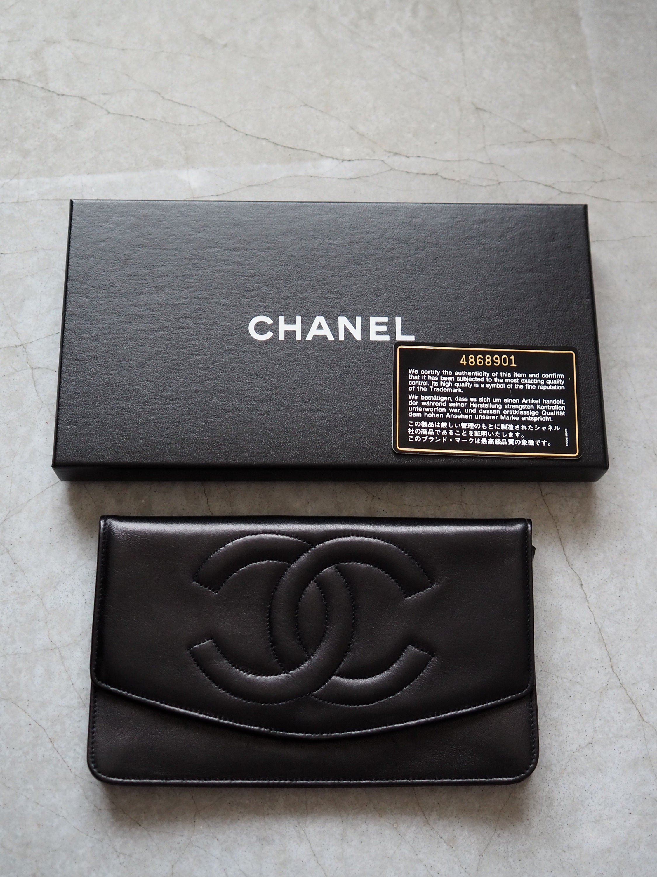 CHANEL COCO Long Wallet Purse CC Leather Black Authentic Vintage Box
