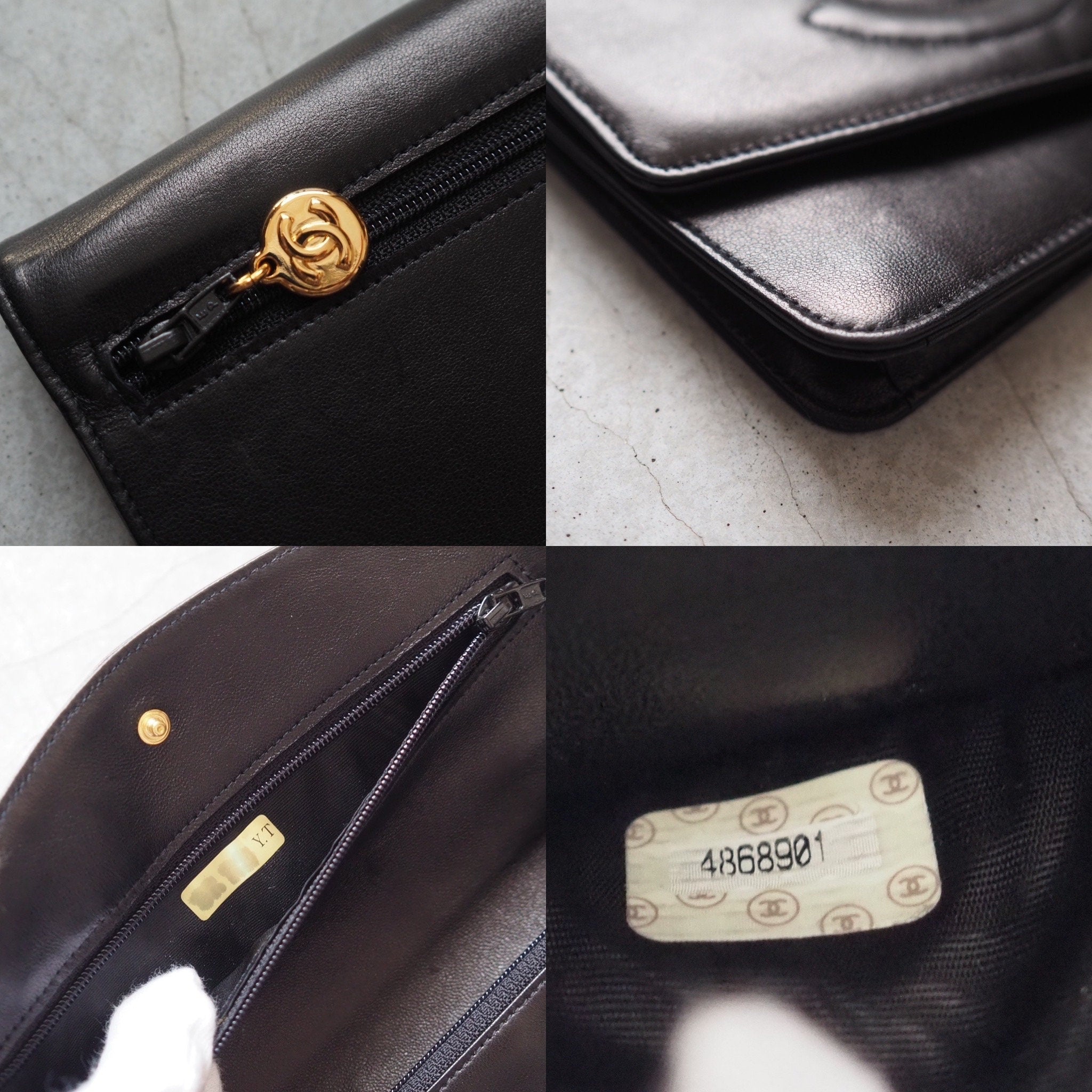 CHANEL COCO Long Wallet Purse CC Leather Black Authentic Vintage Box