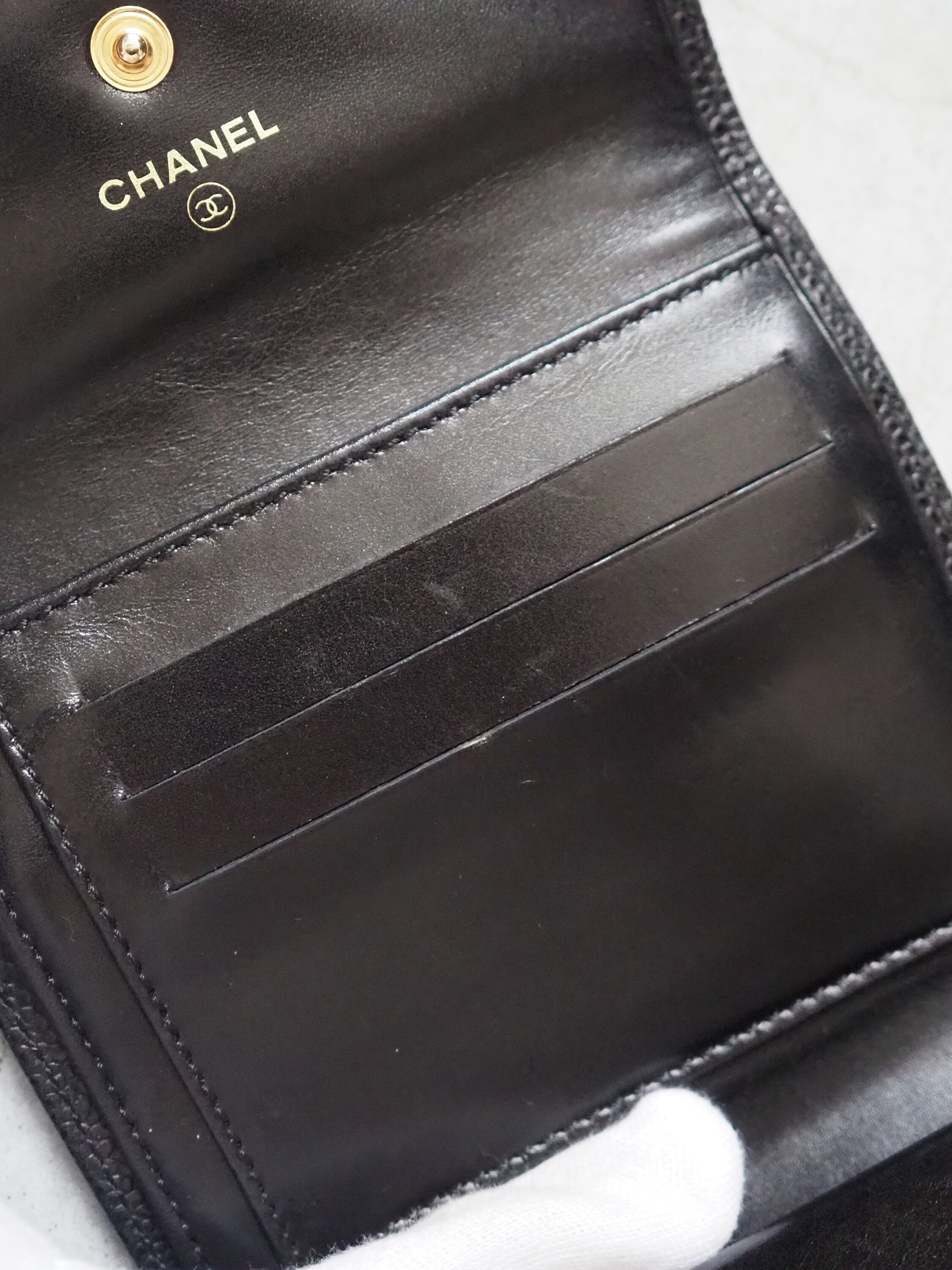 CHANEL COCO Tri-fold Wallet Purse Caviar Skin Leather Black Authentic Vintage Box