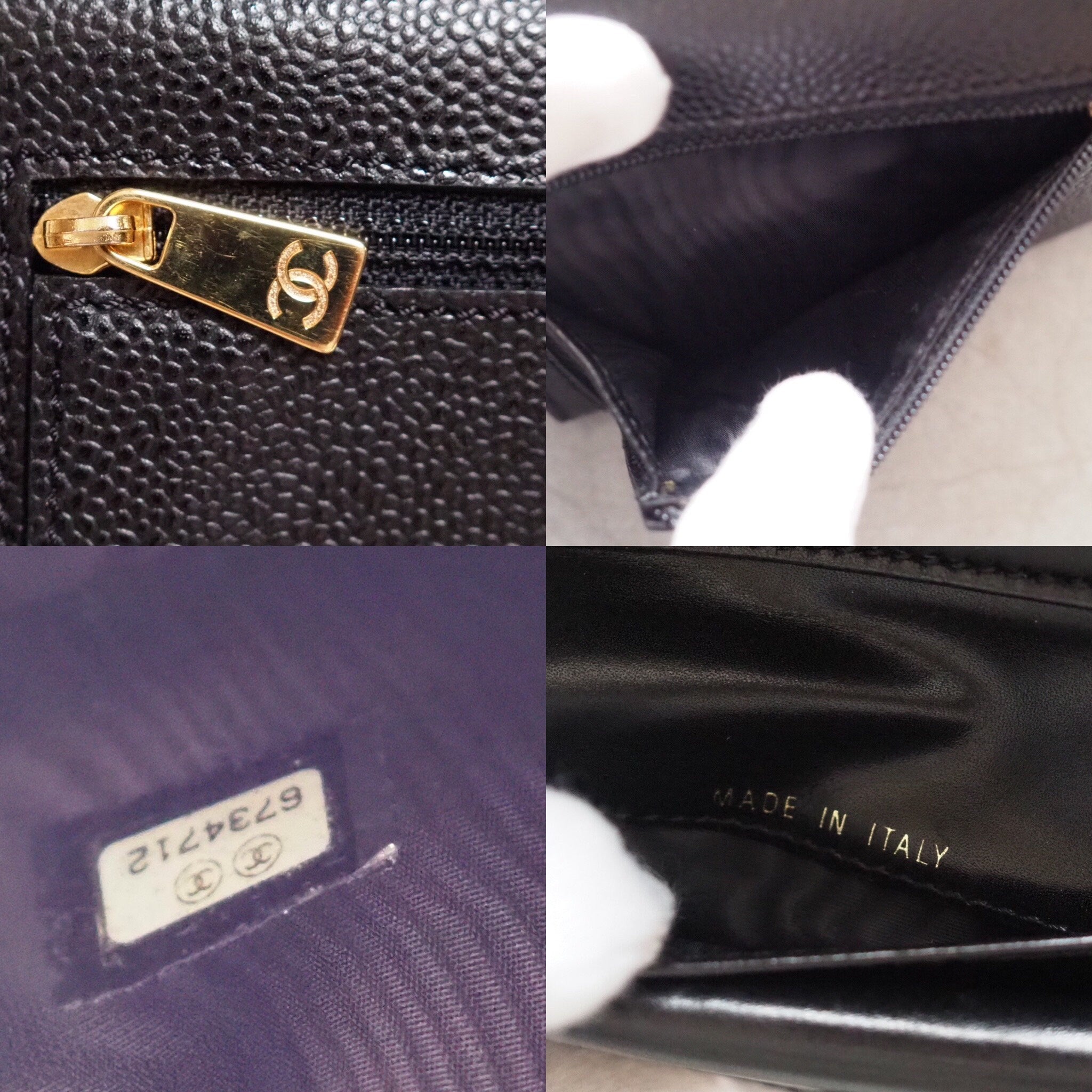 CHANEL COCO Tri-fold Wallet Purse Caviar Skin Leather Black Authentic Vintage Box