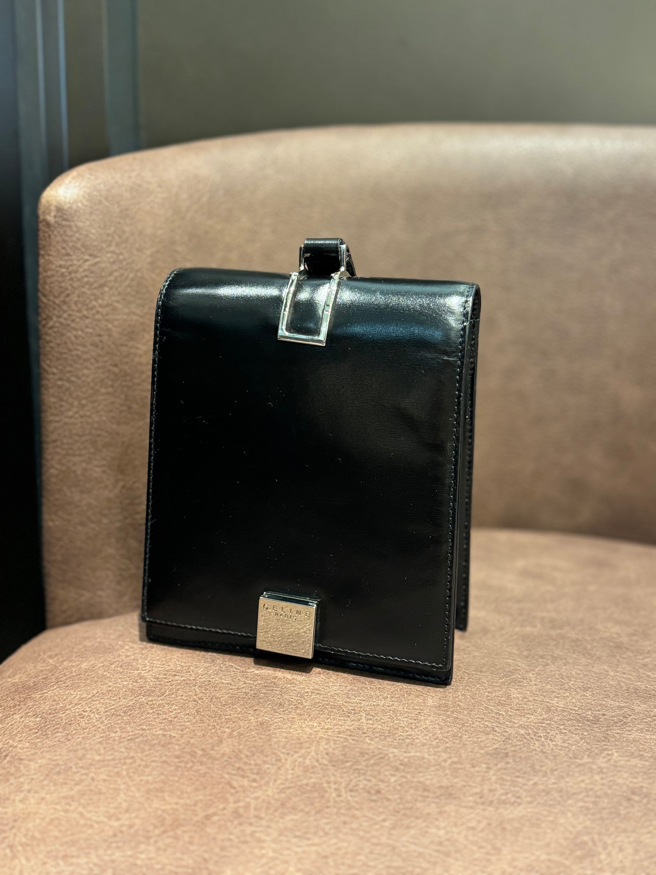 CELINE Logo Mini Hand Bag Black Silver Leather Vintage Authentic