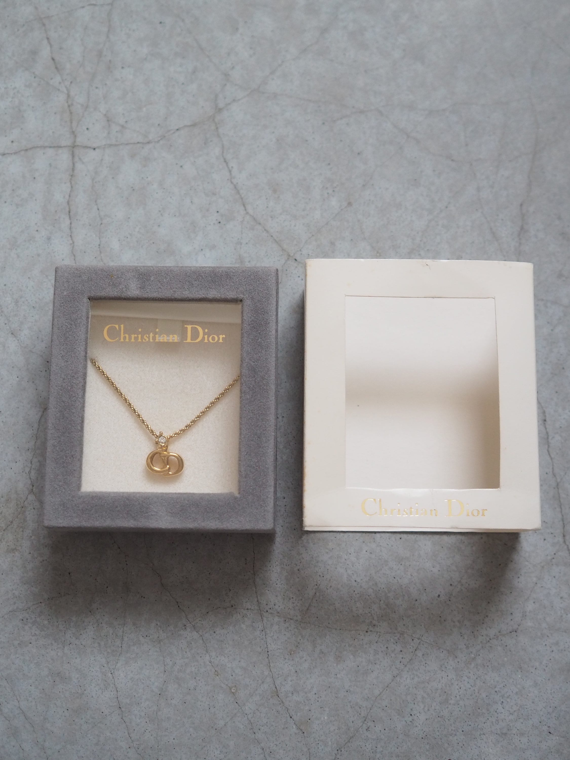 Christian Dior Necklace CD Logo Rhinestone Vintage Metal Gold Box Authentic