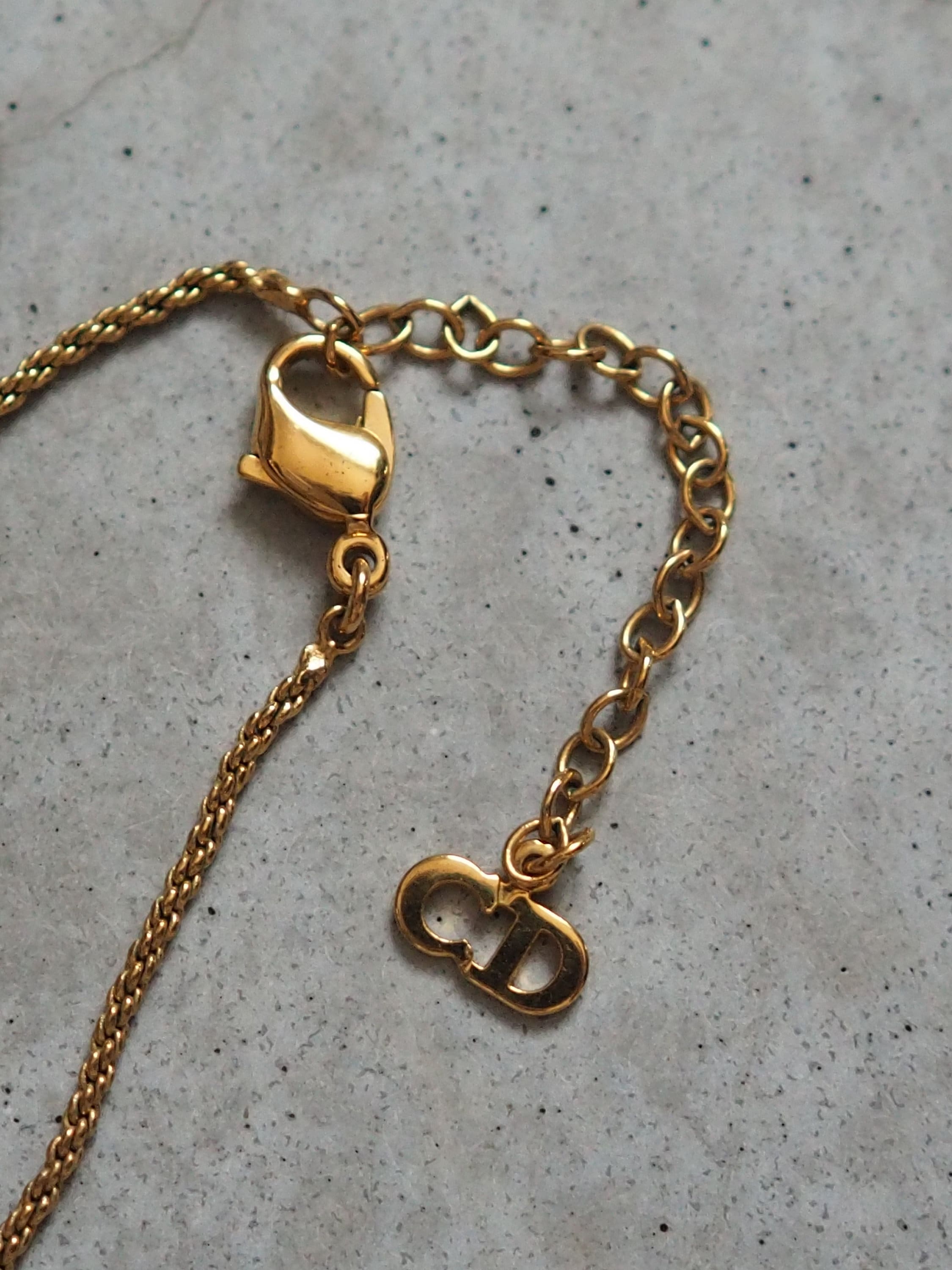 Christian Dior Necklace CD Logo Rhinestone Vintage Metal Gold Box Authentic