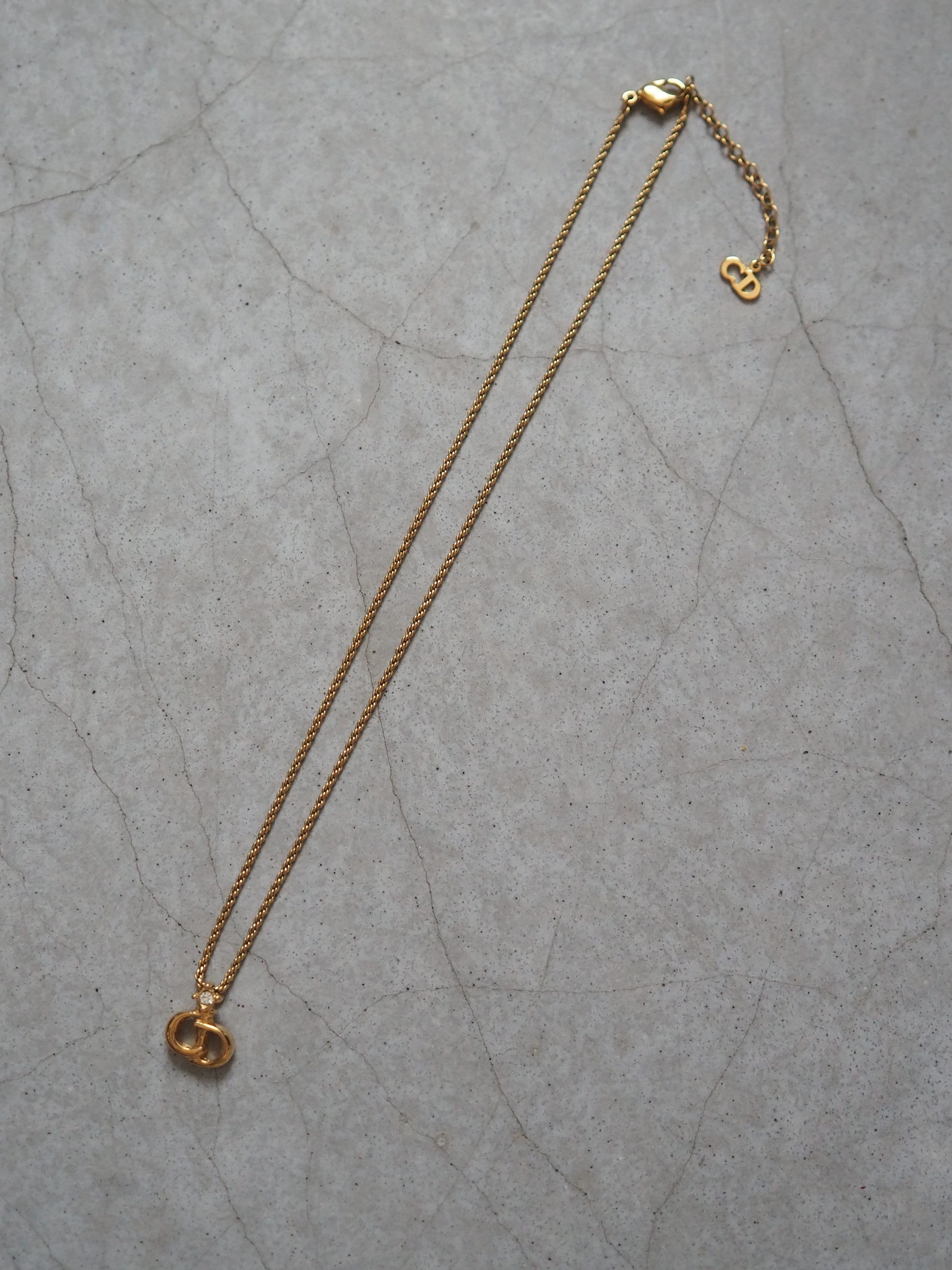 Christian Dior Necklace CD Logo Rhinestone Vintage Metal Gold Box Authentic