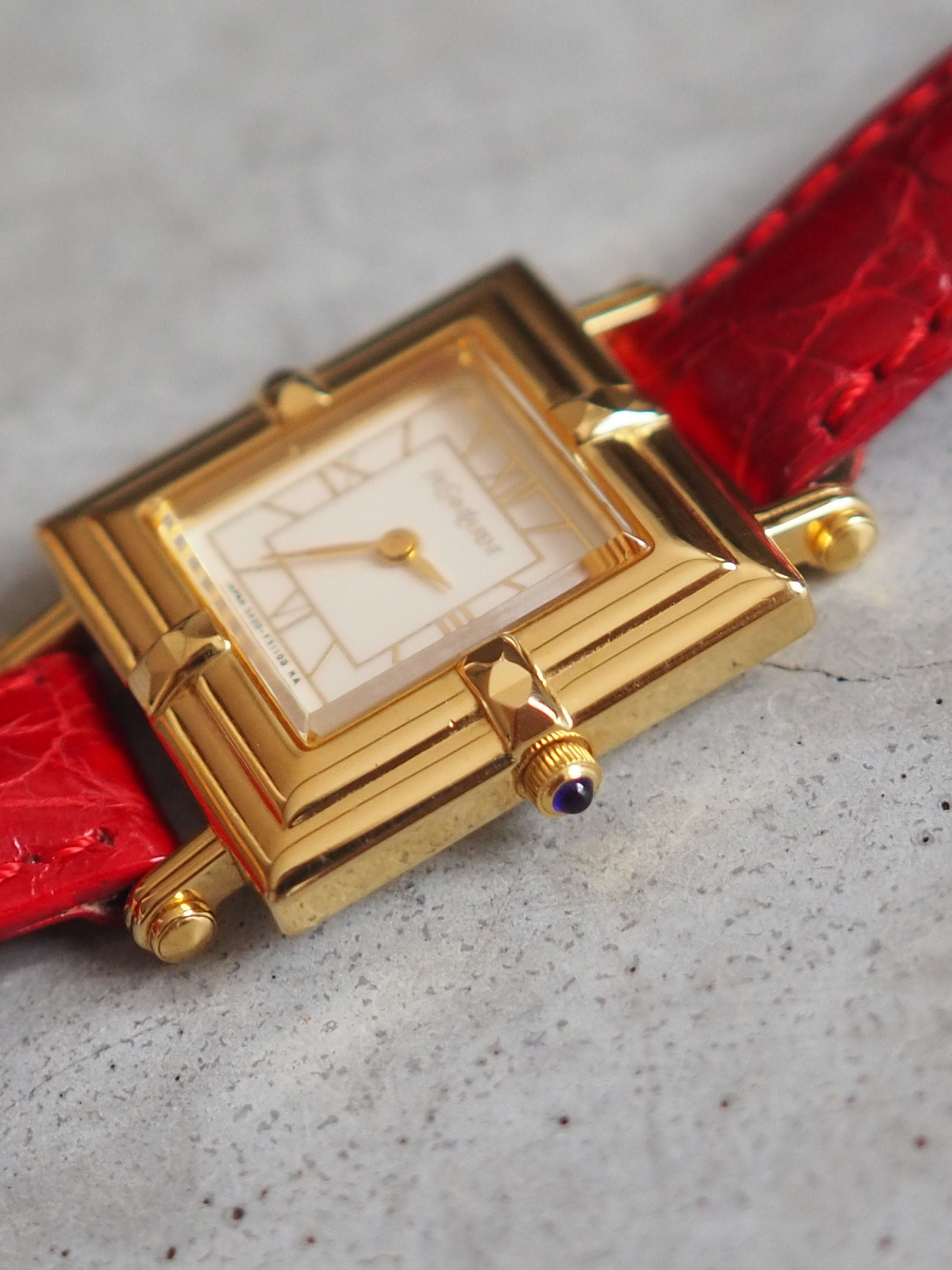 Yves Saint Laurent YSL Square Watch Wristwatch Logo Gold color Stainless steel Leather Authentic