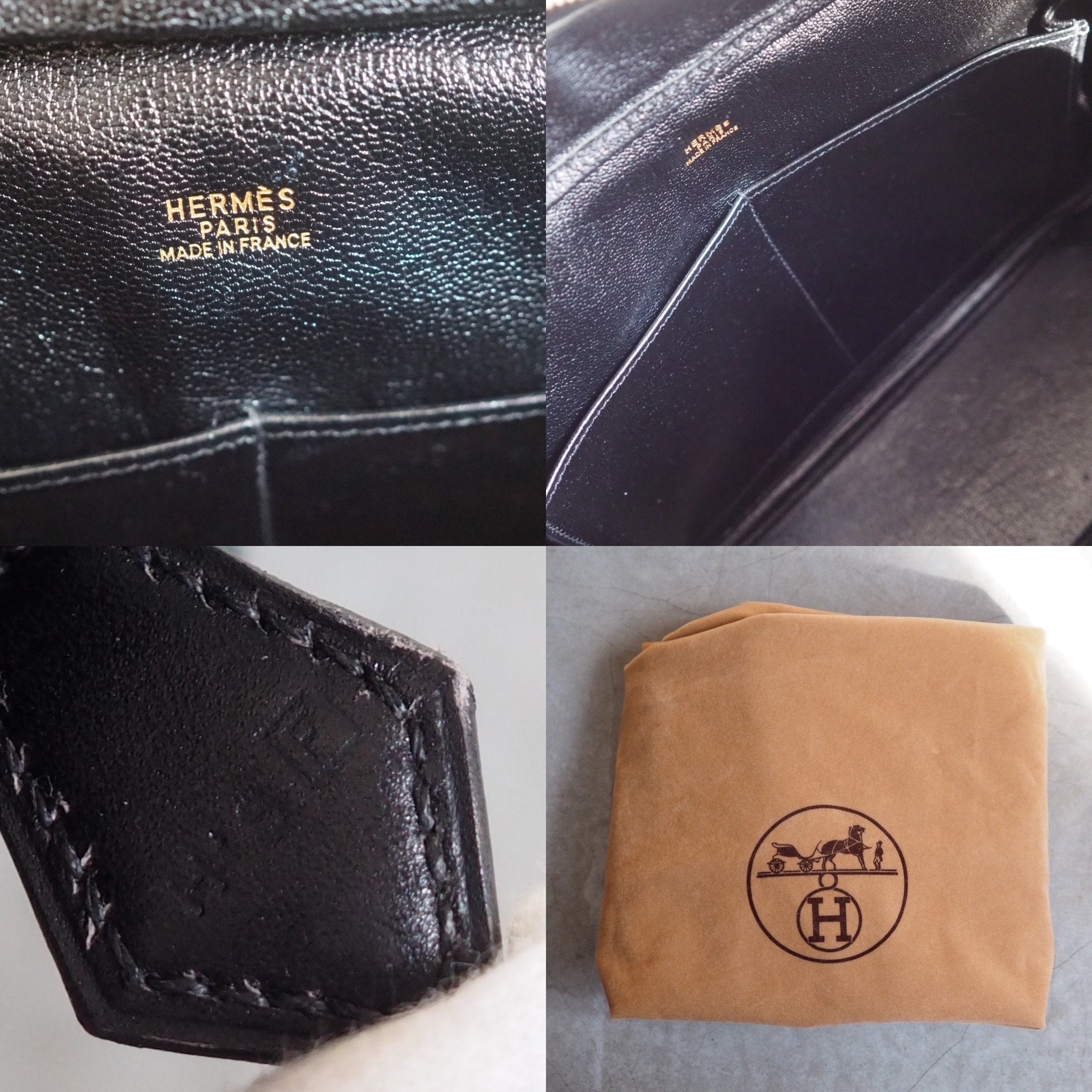 HERMES Plume 28 Handbag Black Leather Box calf Gold Metal Vintage Authentic