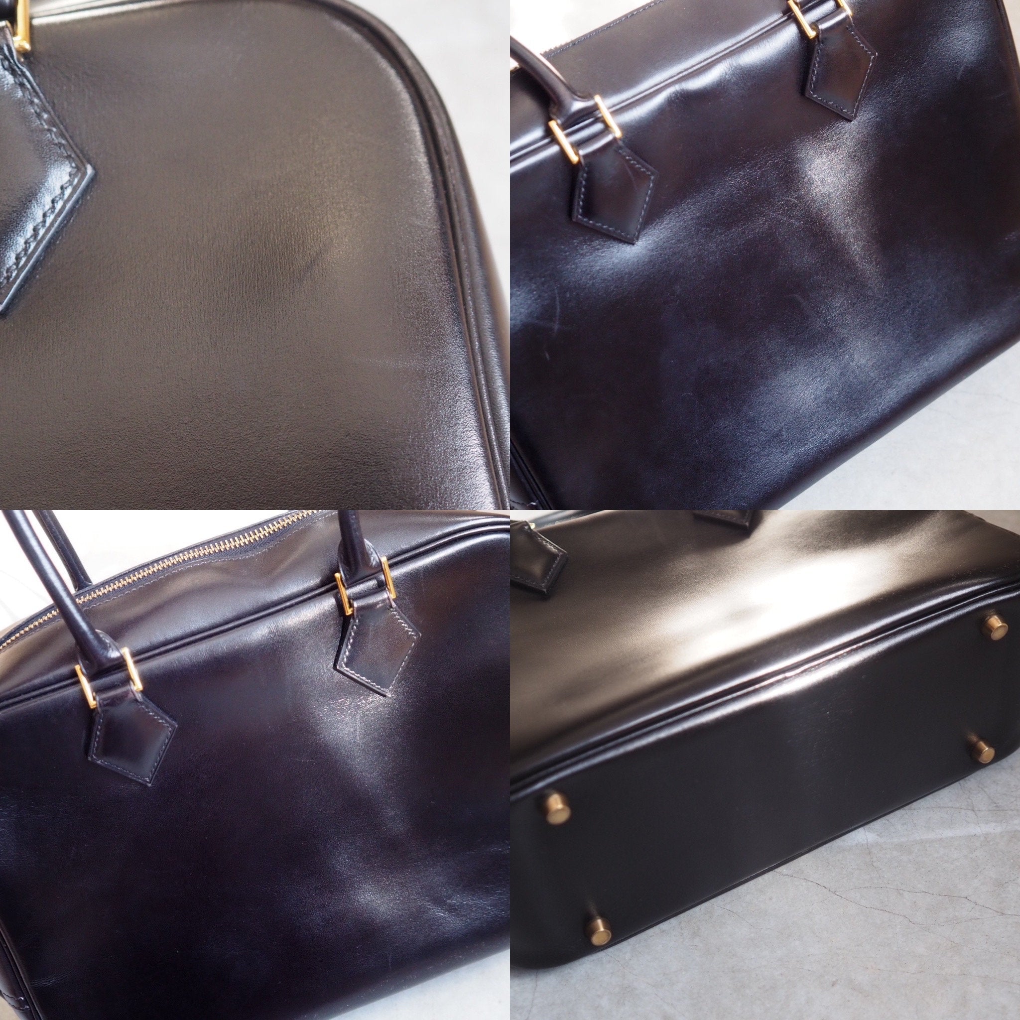 HERMES Plume 28 Handbag Black Leather Box calf Gold Metal Vintage Authentic