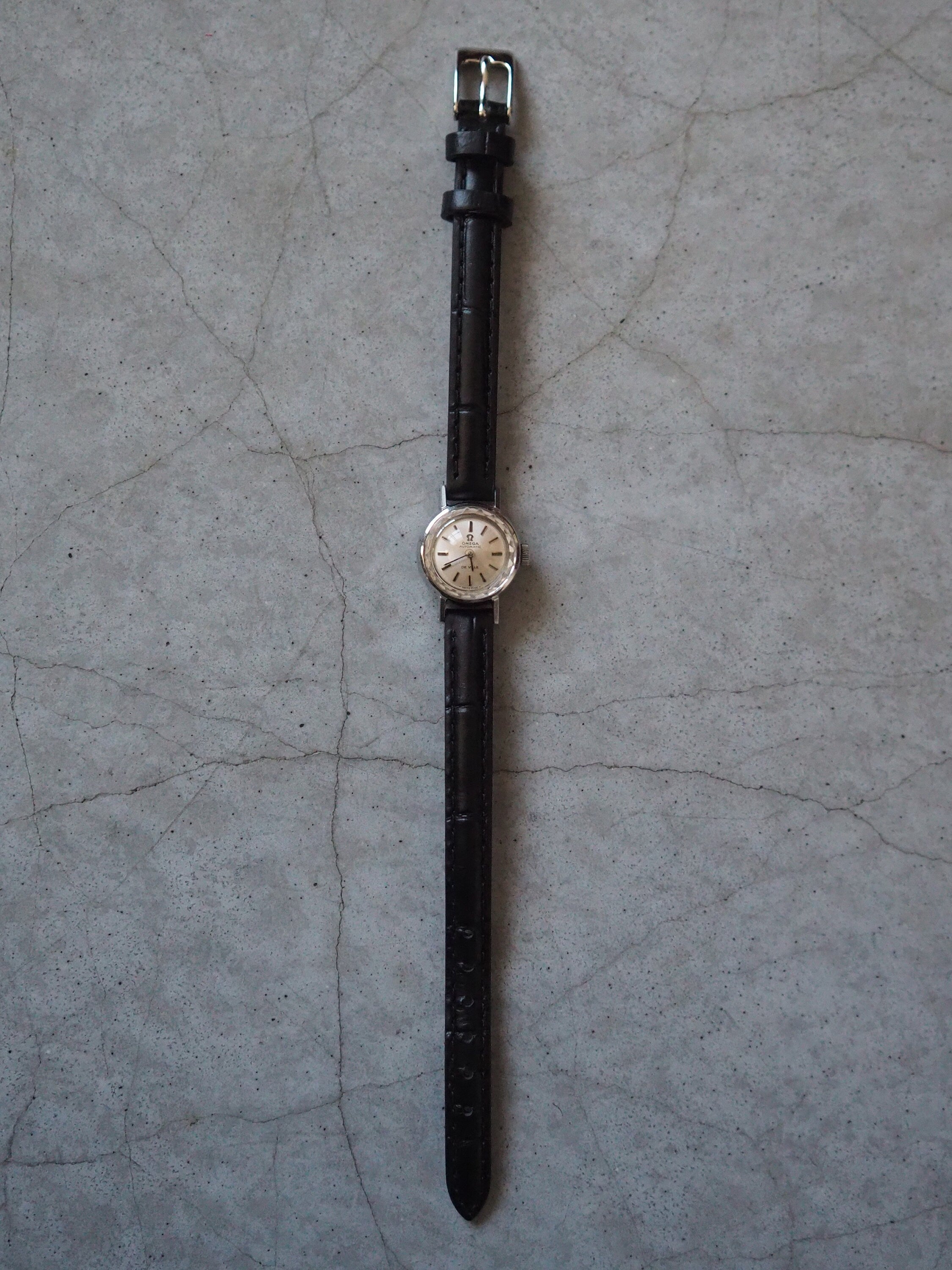 OMEGA DE VILLE Watch Silver Color Stainless steel Black Leather Ladies Vintage Antique Authentic