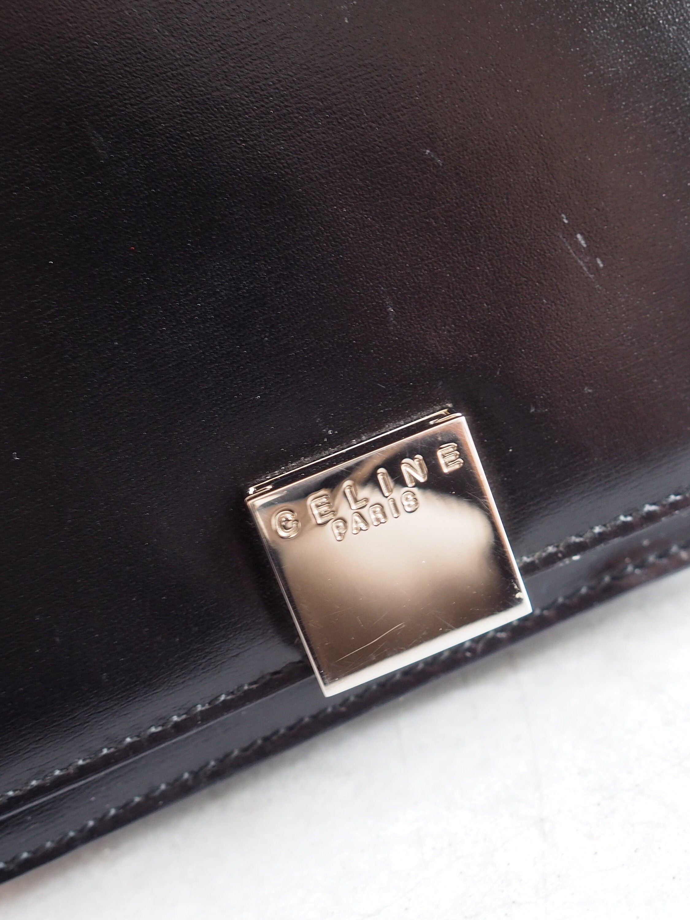 CELINE Logo Mini Hand Bag Black Silver Leather Vintage Authentic