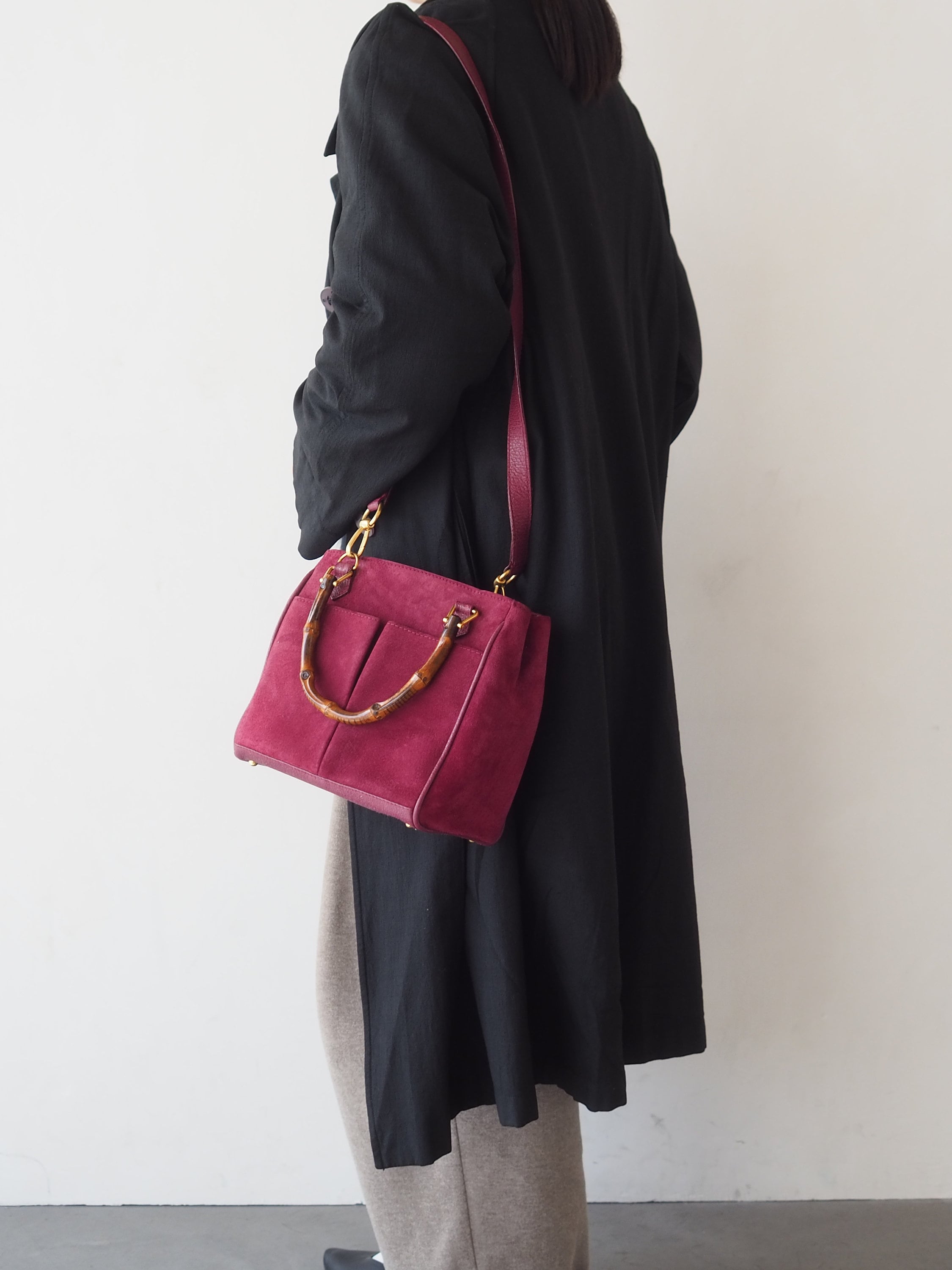 GUCCI Bamboo Hand Shoulder 2way Bag Suede Purple Pink Vintage Authentic