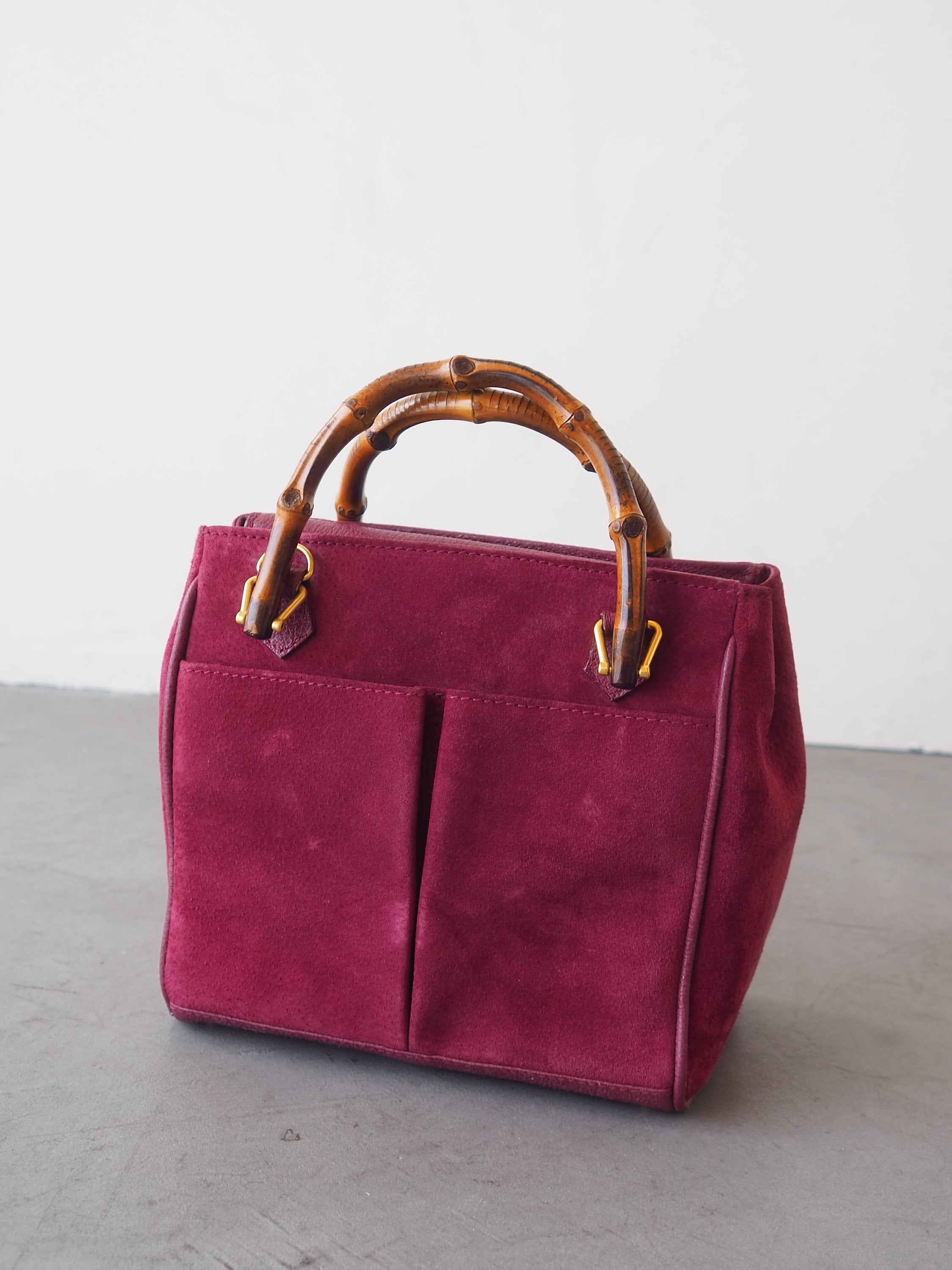 GUCCI Bamboo Hand Shoulder 2way Bag Suede Purple Pink Vintage Authentic