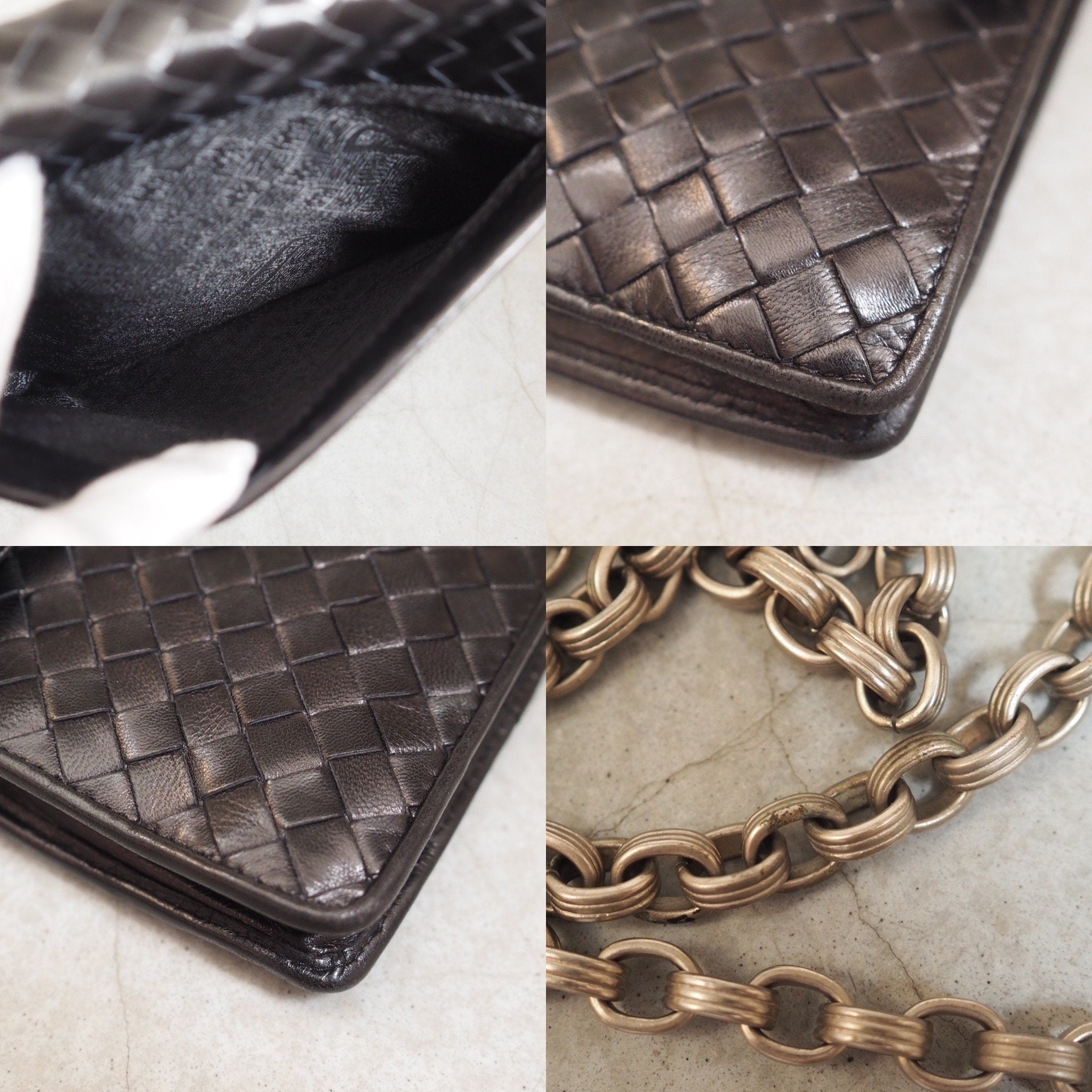 BOTTEGA VENETA Intrechart Shoulder bag Black Silver Chain Leather Vintage Authentic