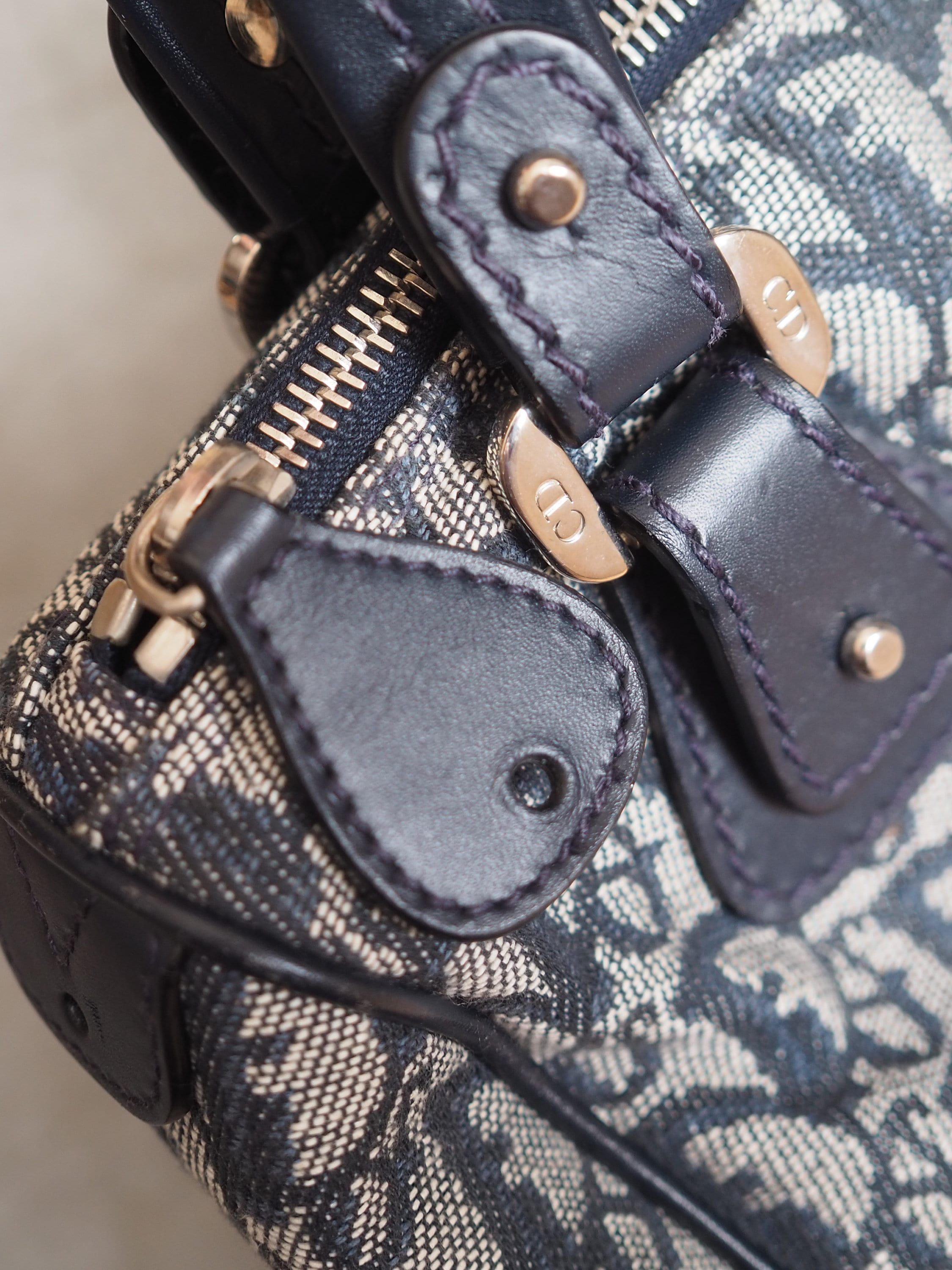 Christian Dior Trotter Hand Boston Bag Navy Canvas Vintage Authentic