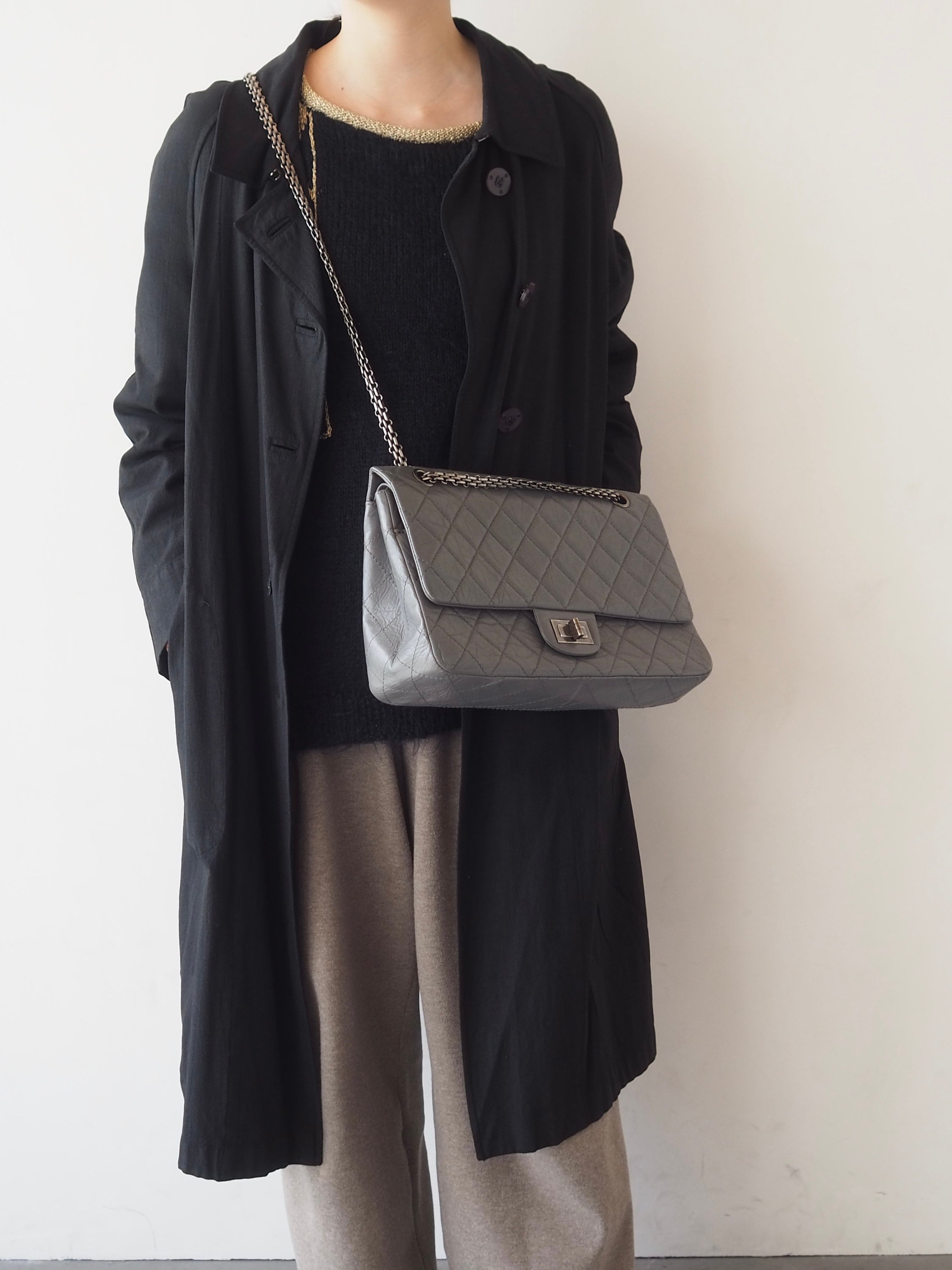 CHANEL 2.55 Frap Chain Shoulder Bag CC Logo Aged calfskin Matelasse Gray Vintage Authentic