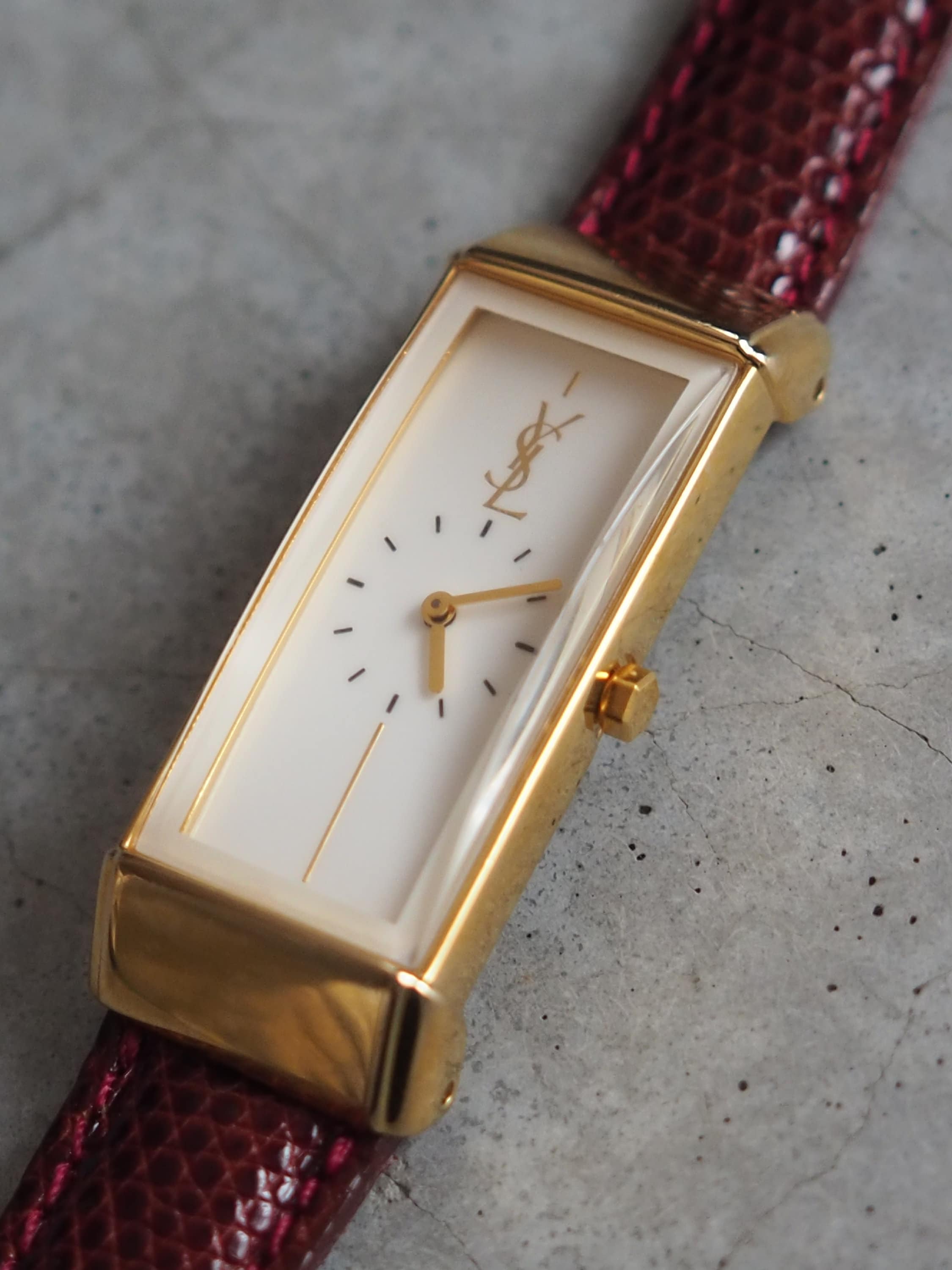 Yves Saint Laurent YSL Square Watch Wristwatch Logo Gold color Stainless steel Leather Authentic