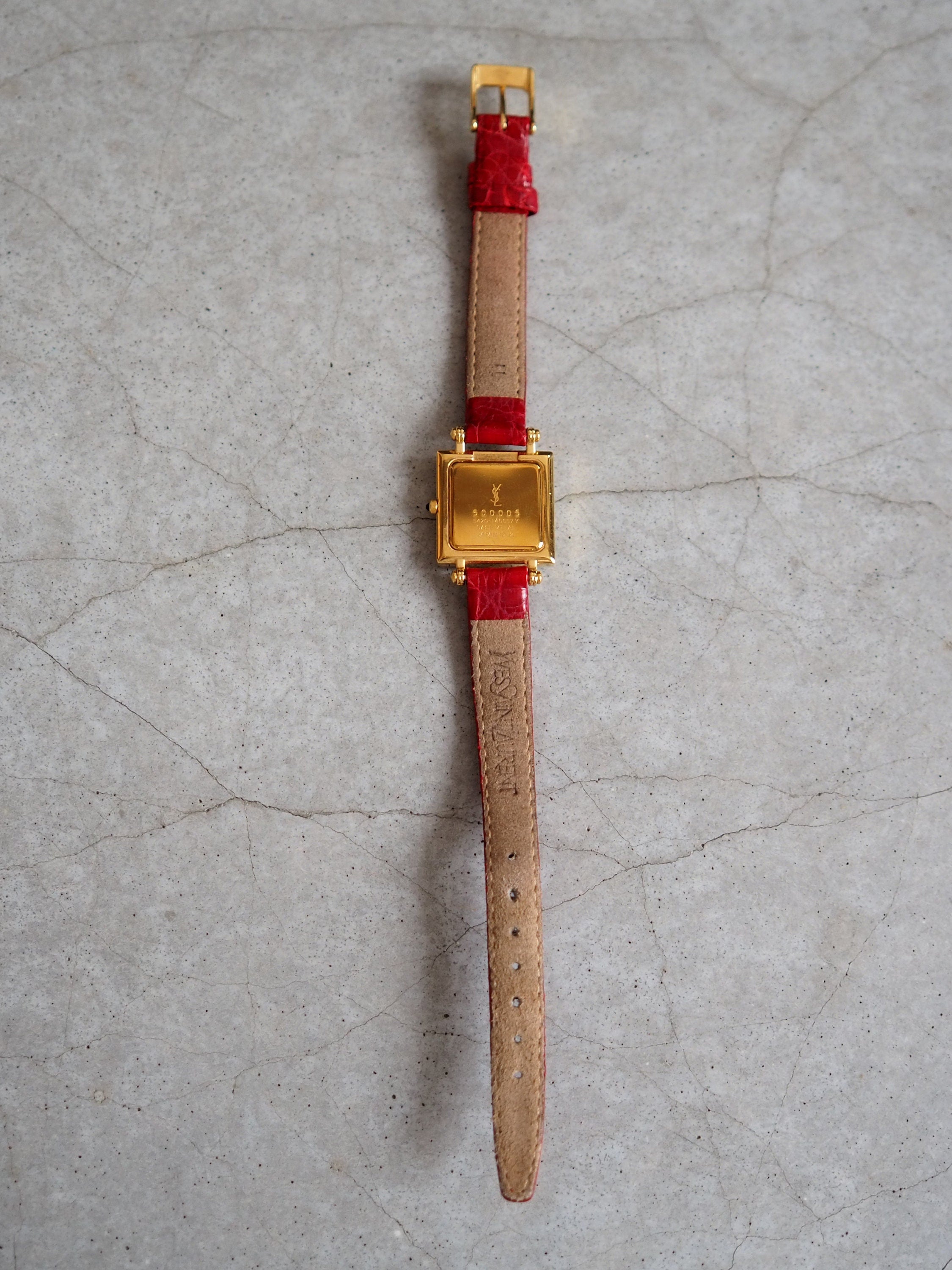 Yves Saint Laurent YSL Square Watch Wristwatch Logo Gold color Stainless steel Leather Authentic