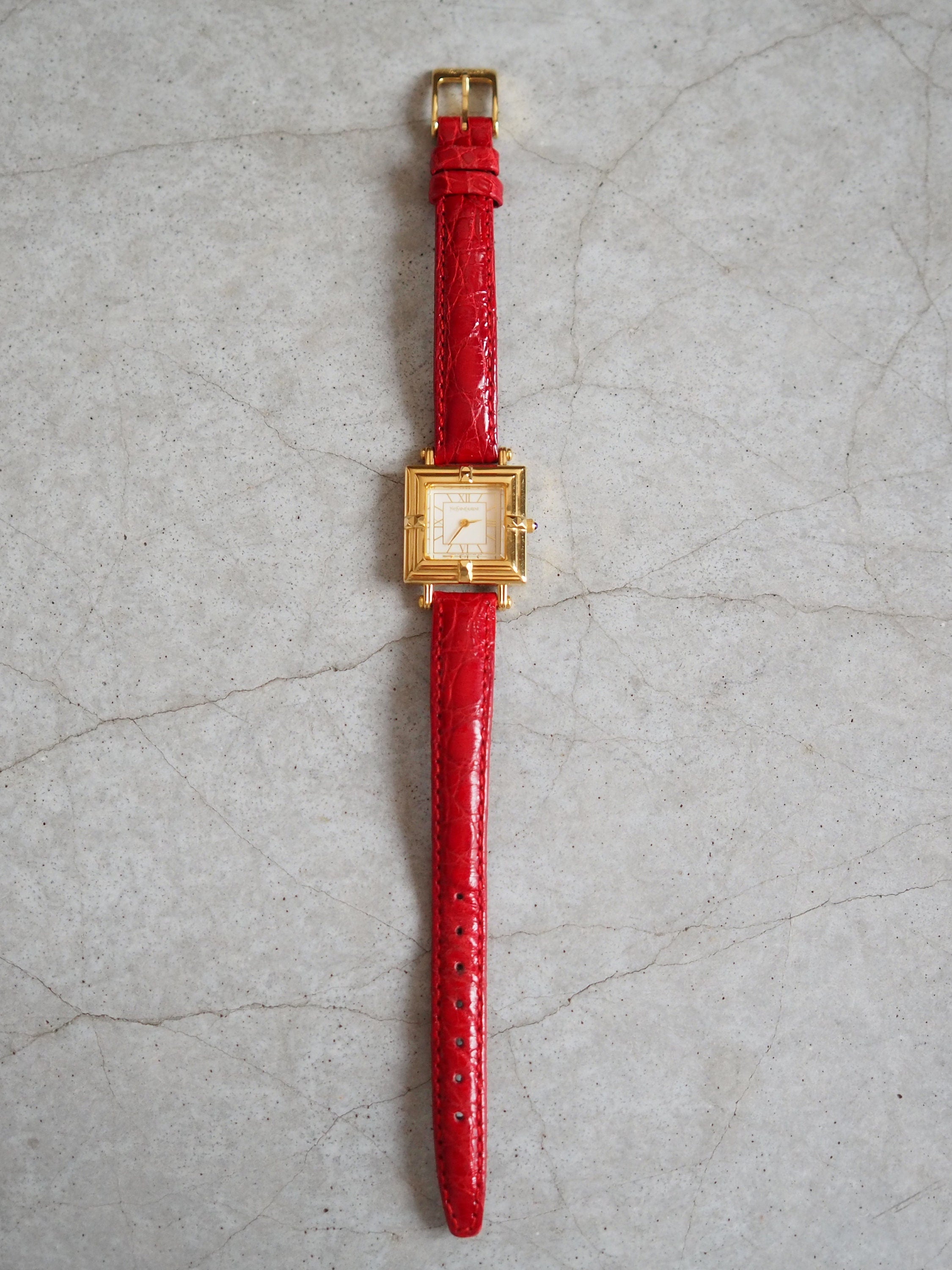 Yves Saint Laurent YSL Square Watch Wristwatch Logo Gold color Stainless steel Leather Authentic