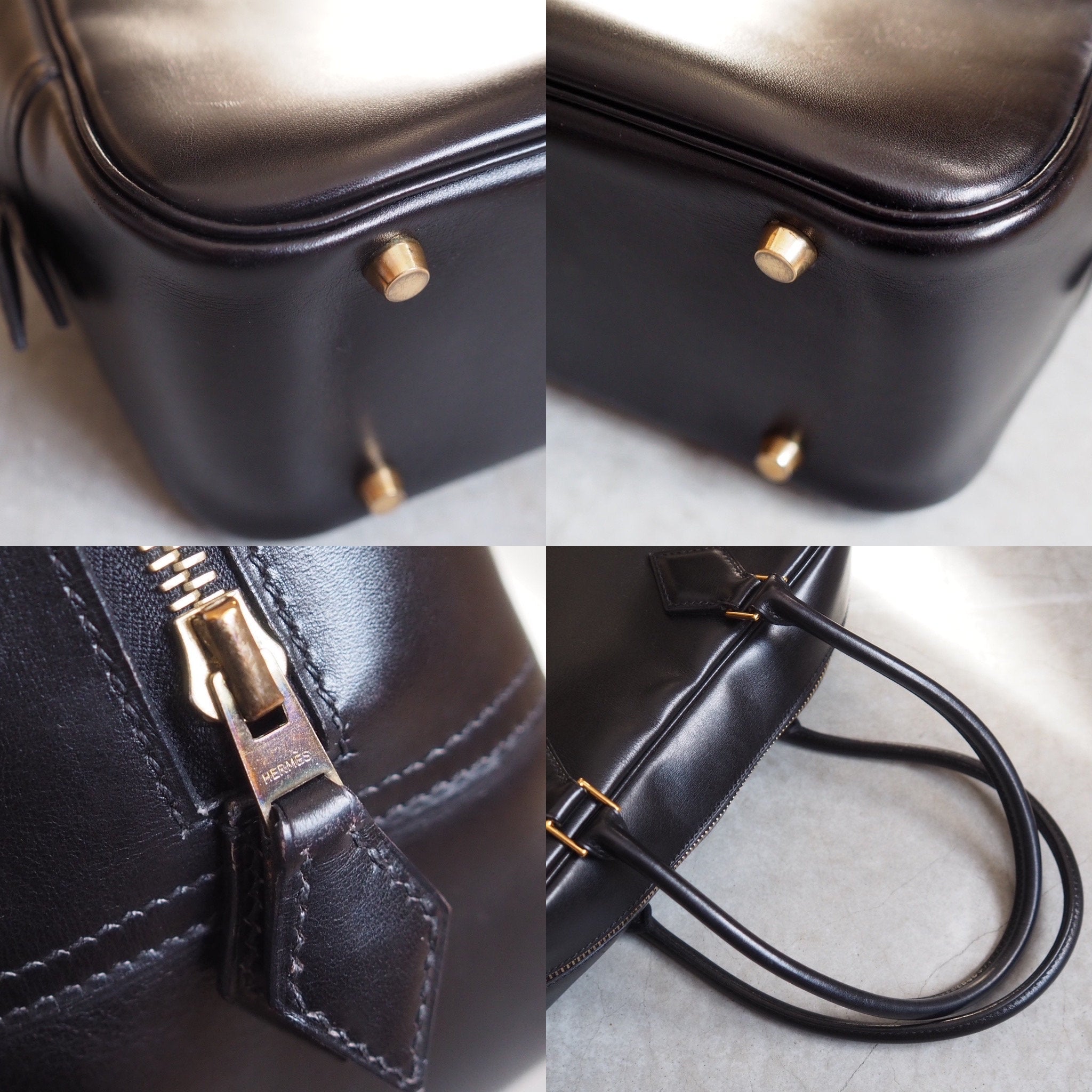 HERMES Plume 28 Handbag Black Leather Box calf Gold Metal Vintage Authentic