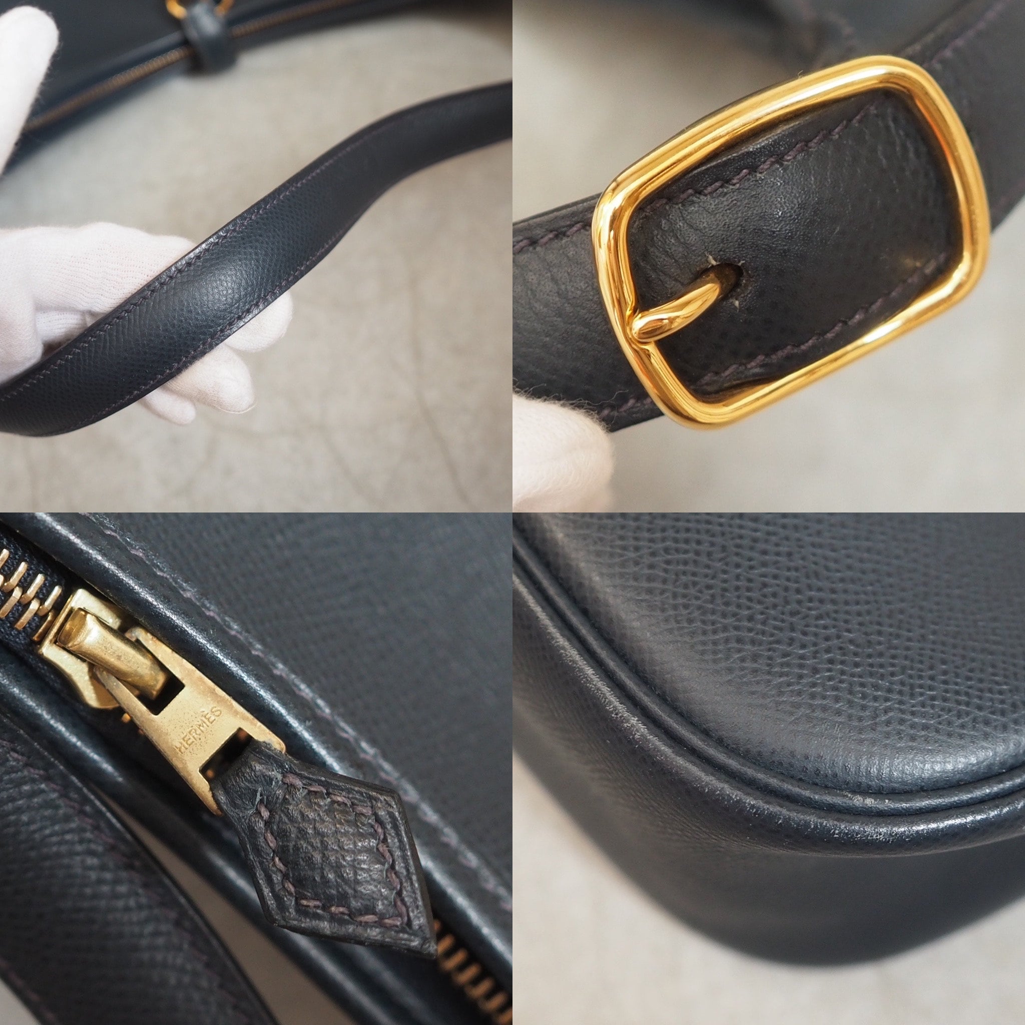 HERMES Trim 31 Handbag Blue Indigo Leather Couchevel Gold Metal Vintage Authentic