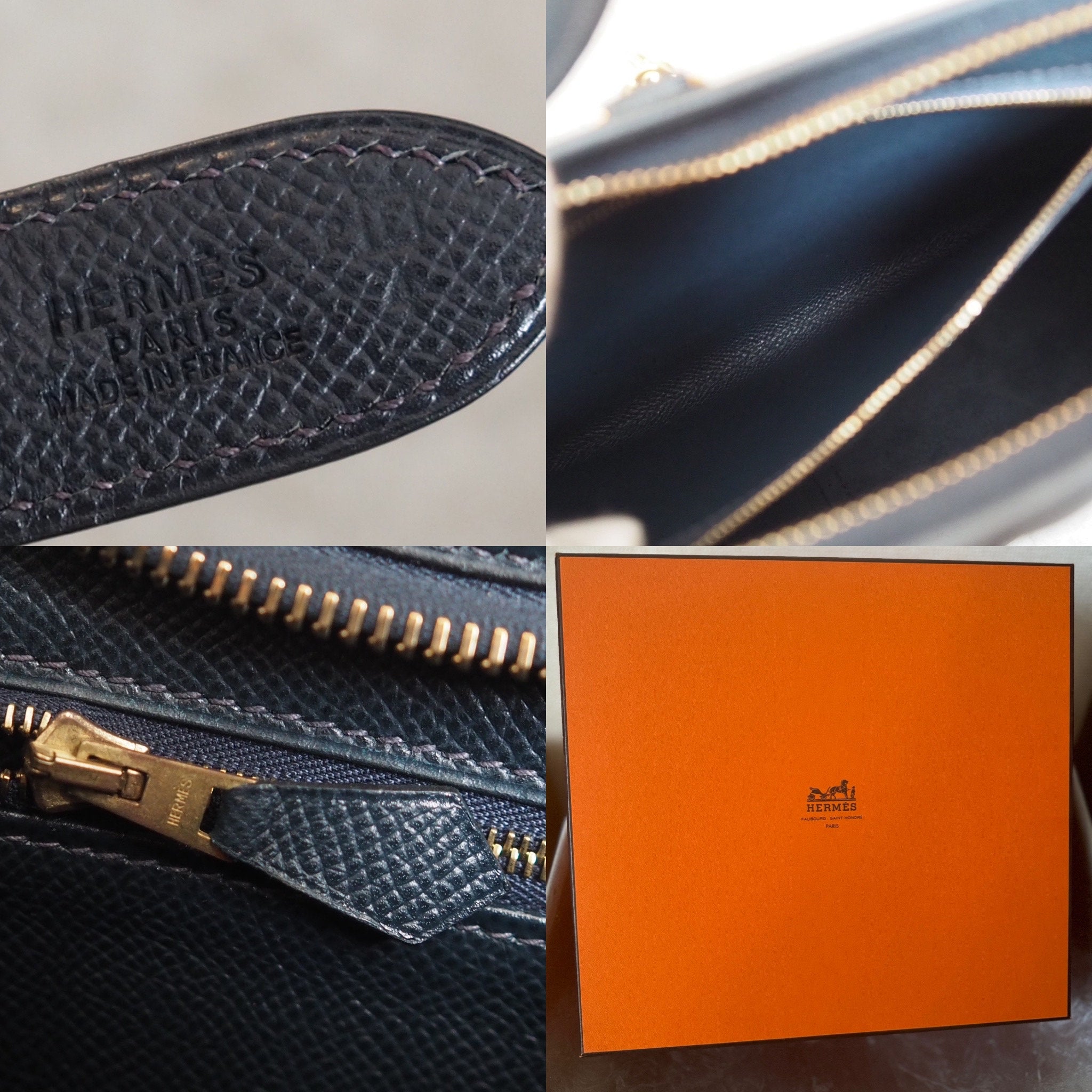 HERMES Trim 31 Handbag Blue Indigo Leather Couchevel Gold Metal Vintage Authentic