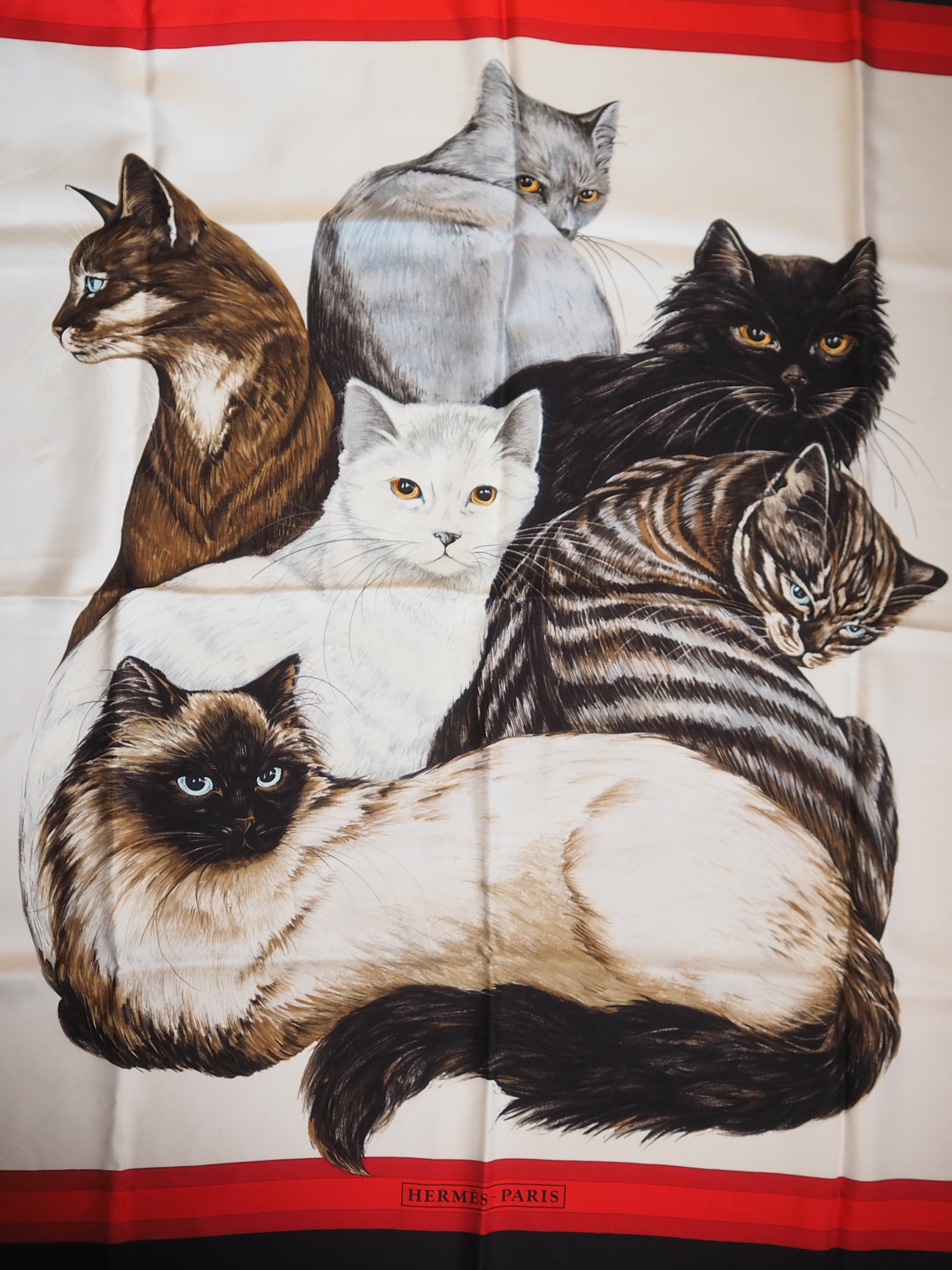 HERMES " Les Chats " Cat Scarf Carre 90 Black Red White Vintage Authentic RARE