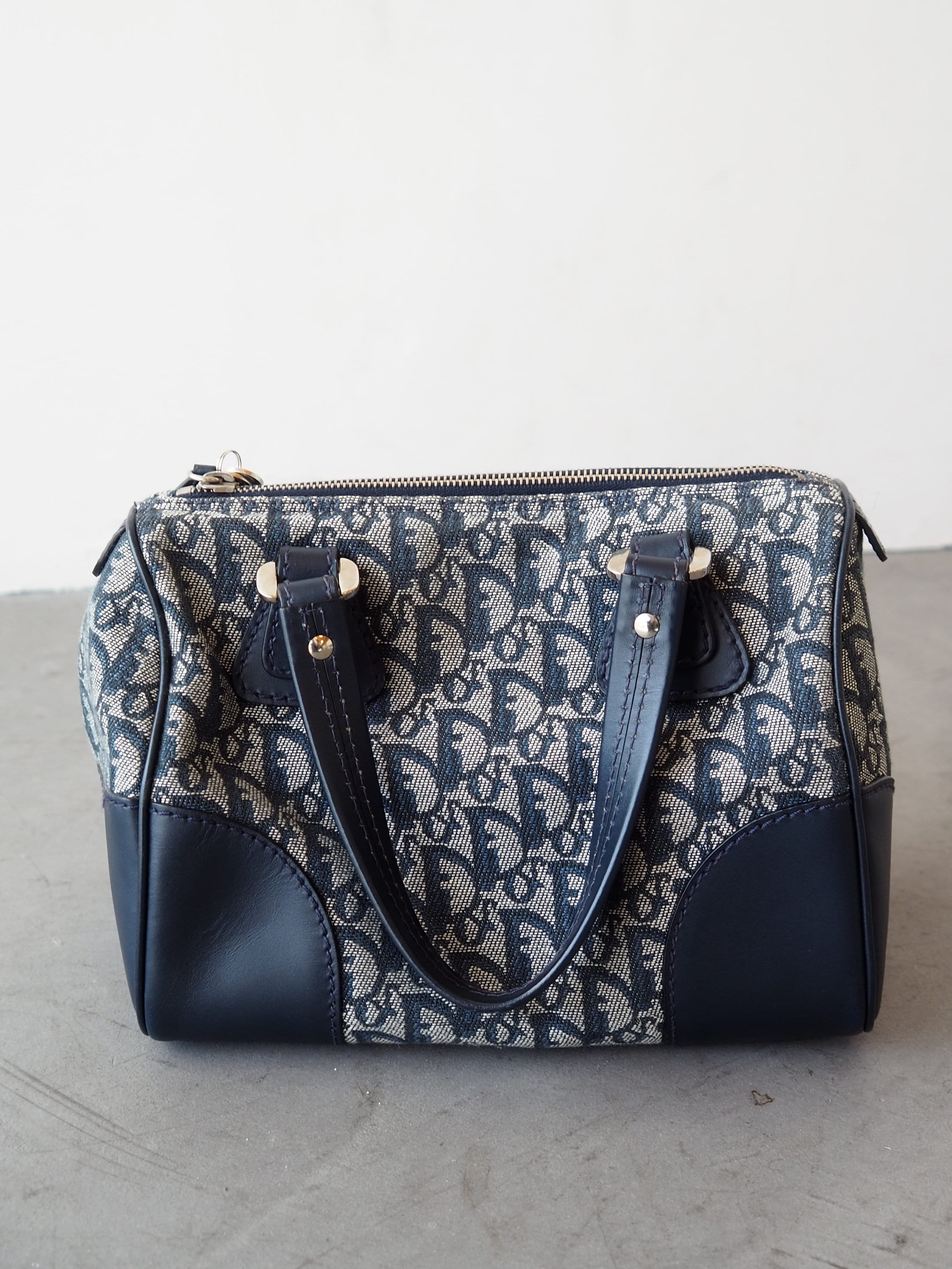 Christian Dior Trotter Hand Boston Bag Navy Canvas Vintage Authentic