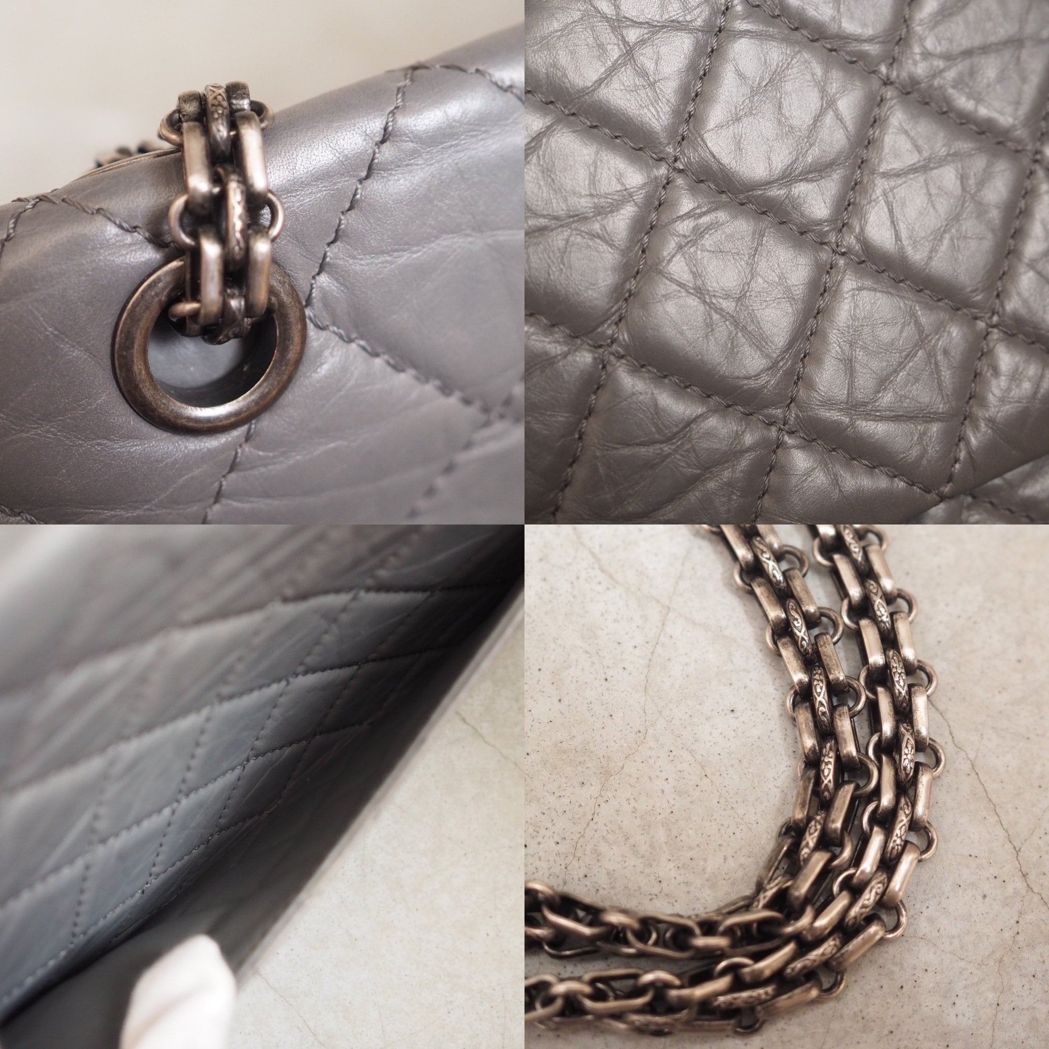 CHANEL 2.55 Frap Chain Shoulder Bag CC Logo Aged calfskin Matelasse Gray Vintage Authentic
